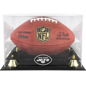 Goldene Vitrine mit klassischem New York Jets-Teamlogo-Fußball