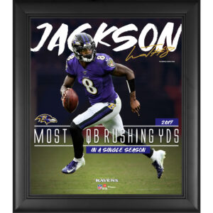 Lamar Jackson Baltimore Ravens Gerahmte Collage mit dem Rekord für die Rushing Yards eines Quarterbacks in einer Saison, 38,1 x 43,2 cm