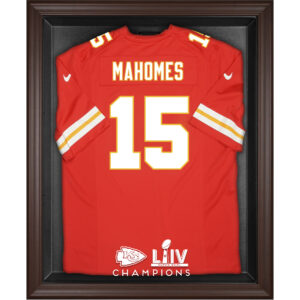 Vitrine mit Logo des Super Bowl LIV Champions-Trikots der Kansas City Chiefs in Braun