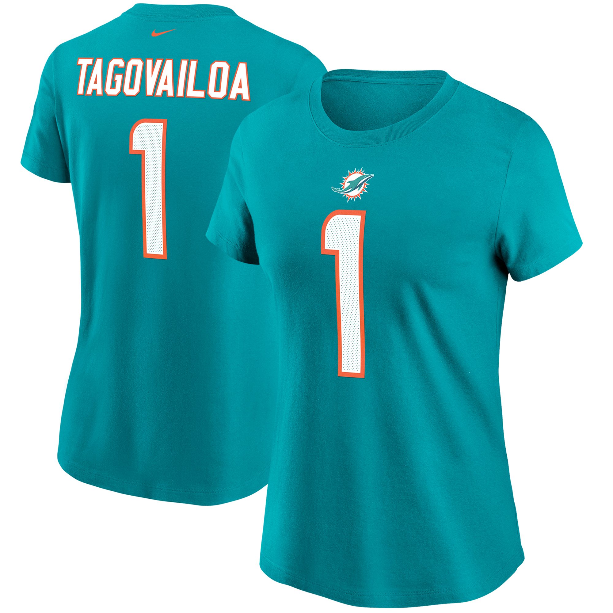 Nike Tua Tagovailoa Aqua Miami Dolphins Name & Nummer T-Shirt für Damen