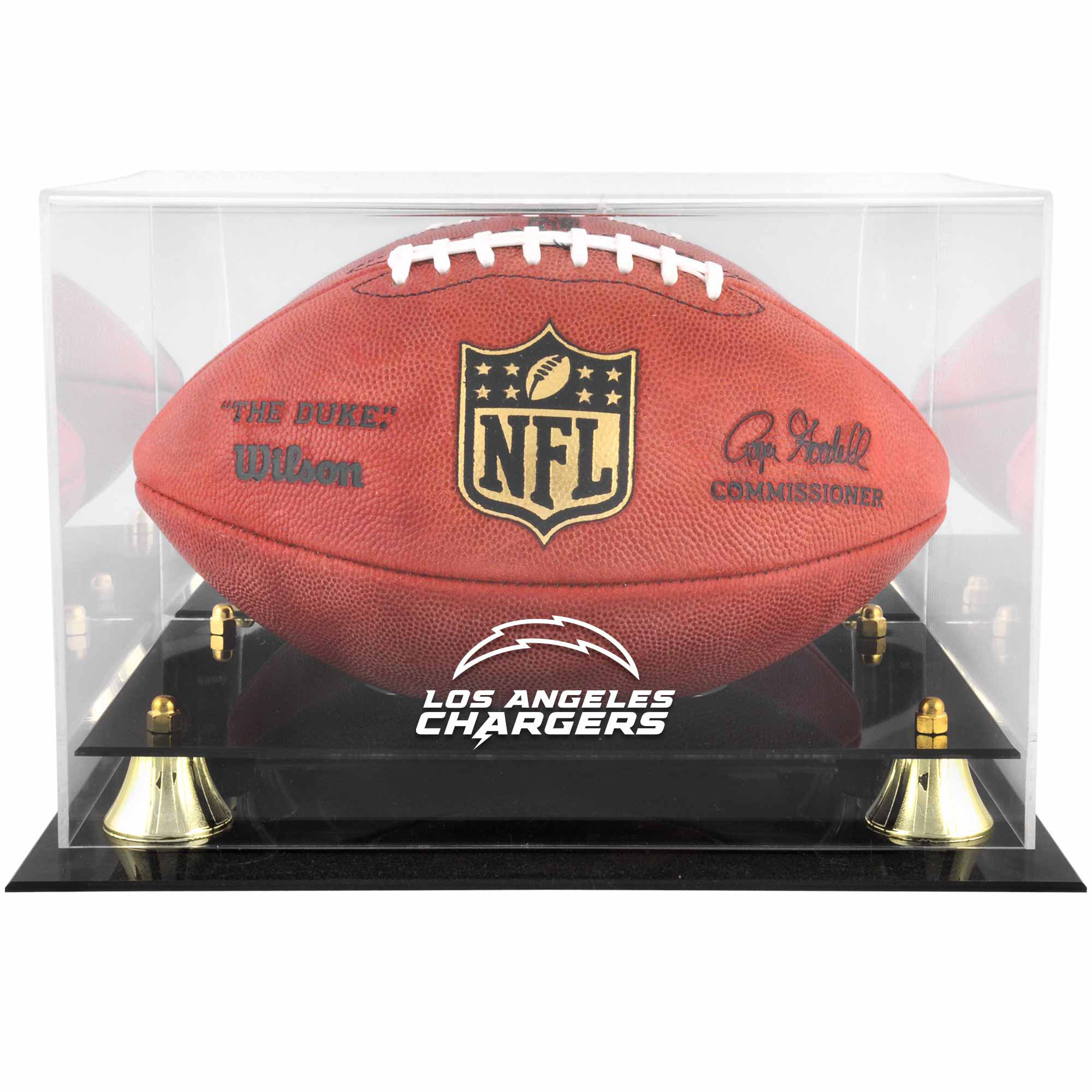 Goldene Vitrine mit Logo des Football-Teams der Los Angeles Chargers im klassischen Design, mit verspiegelter Rückseite