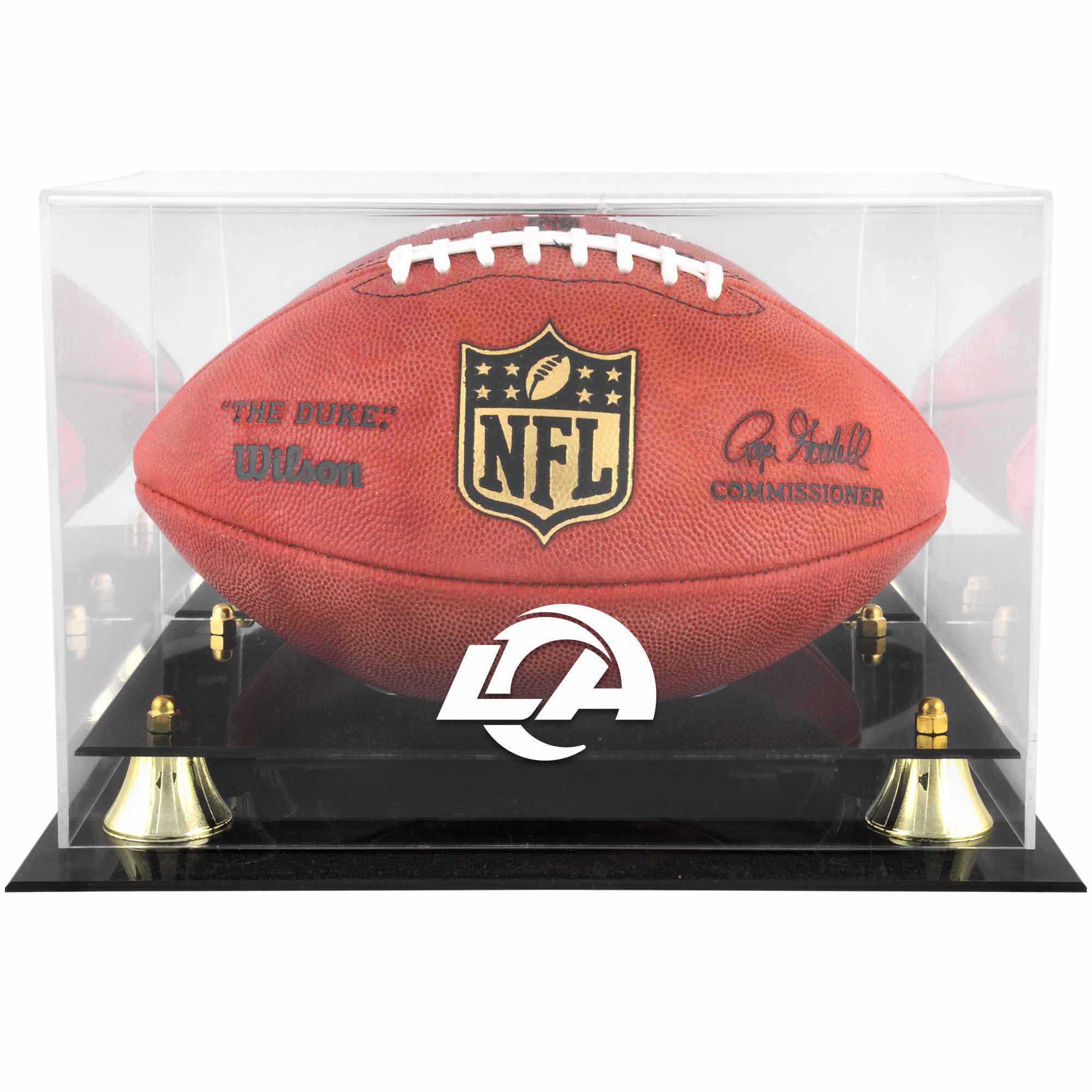 Goldene Vitrine mit Logo des Football-Teams der Los Angeles Rams im klassischen Design, mit verspiegelter Rückseite