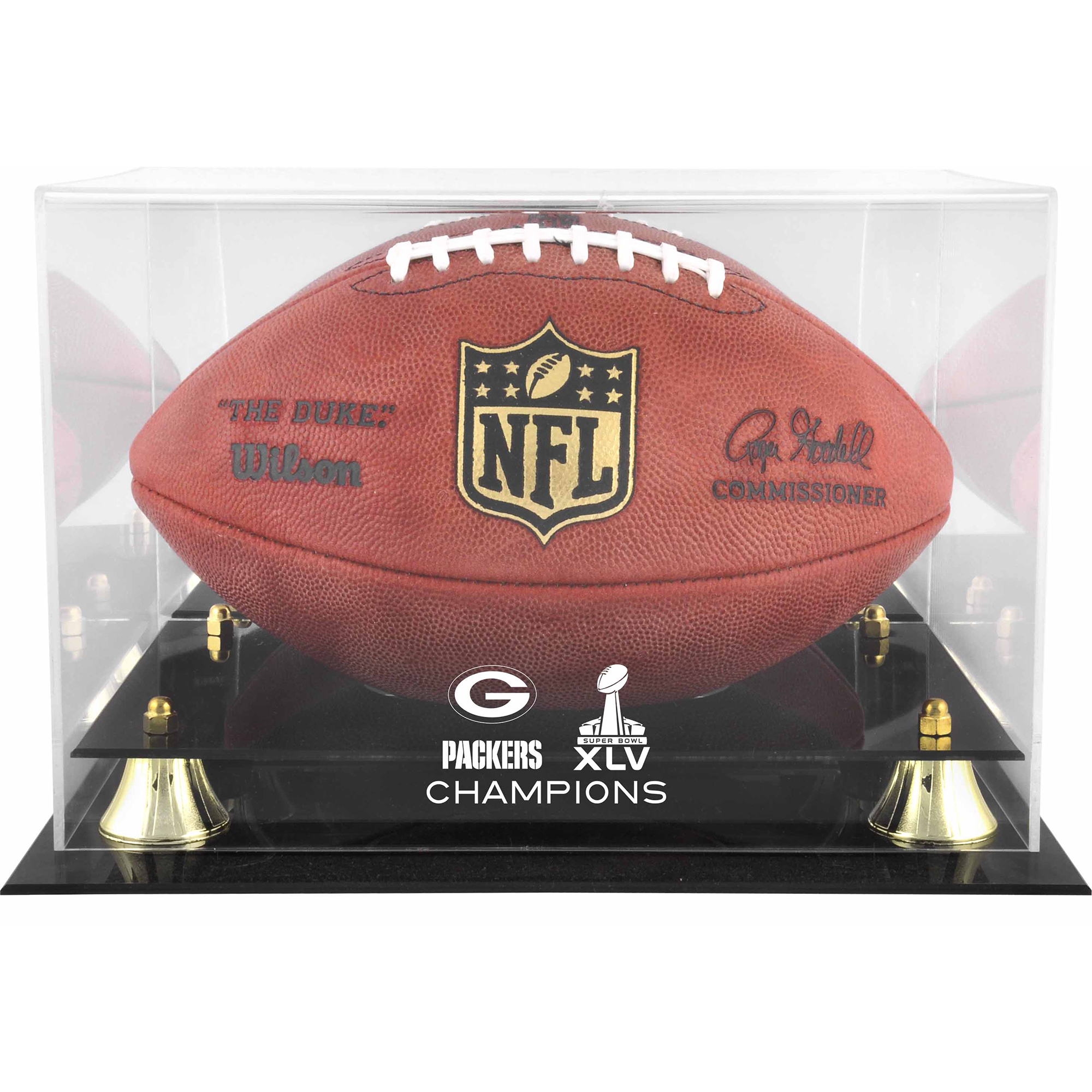Goldene Vitrine mit dem Logo des Green Bay Packers-Super-Bowl-XLV-Champions im klassischen Football