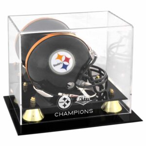 Goldene Vitrine mit Logo des Pittsburgh Steelers-Super-Bowl-XLIII-Champions im klassischen Mini-Helm