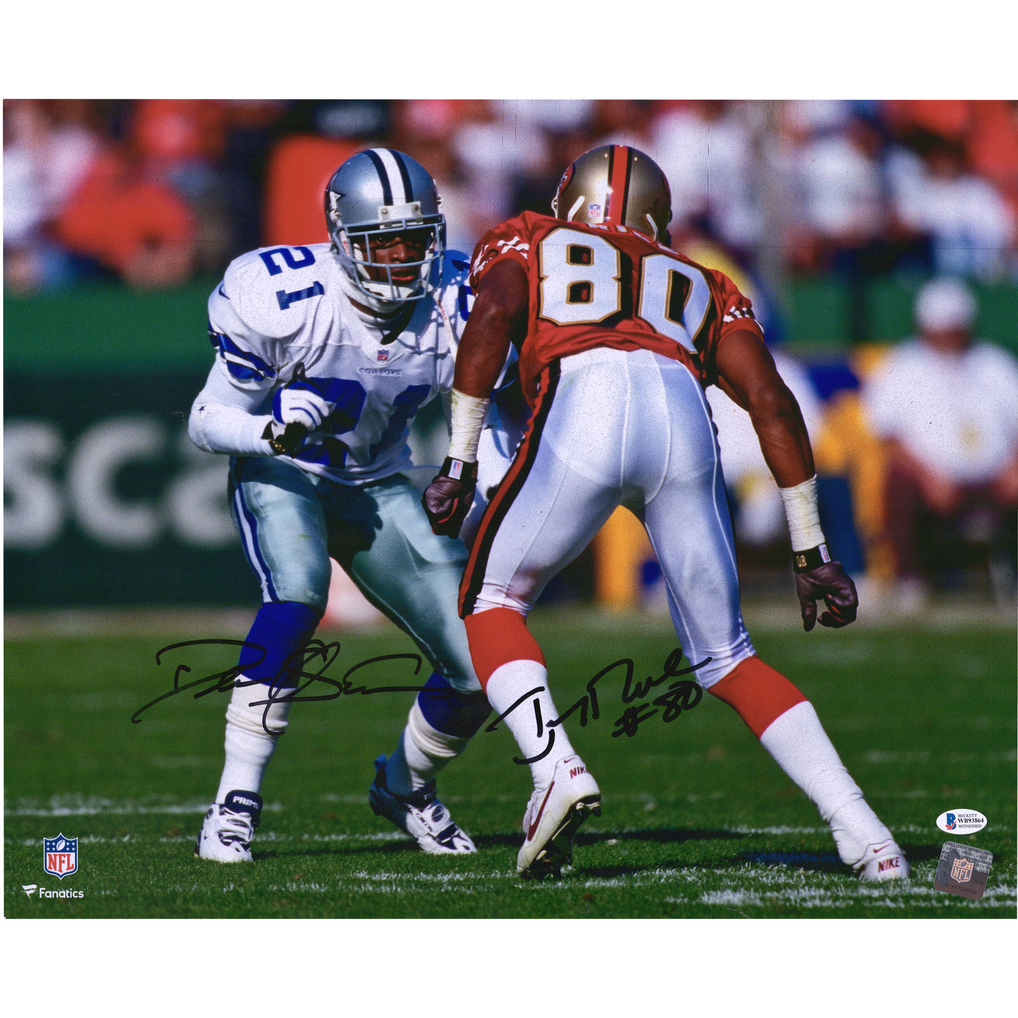 Signiertes 16 x 20 Zoll großes At The Line-Foto von Deion Sanders und Jerry Rice