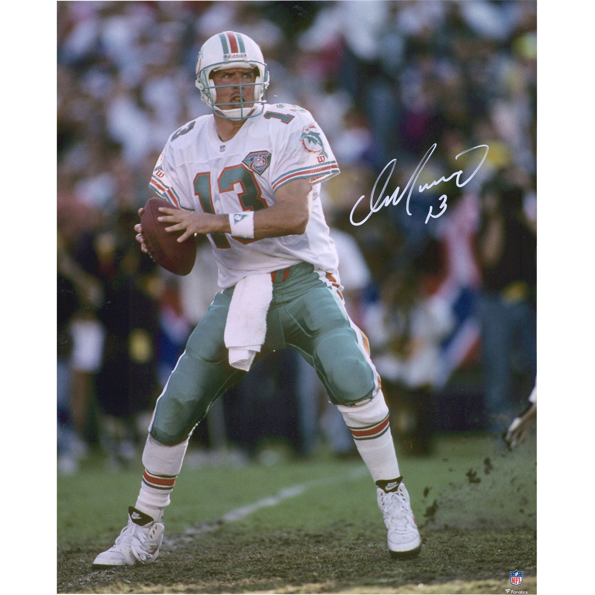 Autogrammfoto von Dan Marino, Miami Dolphins, 16 x 20 Zoll, vertikales Passing-Action-Foto