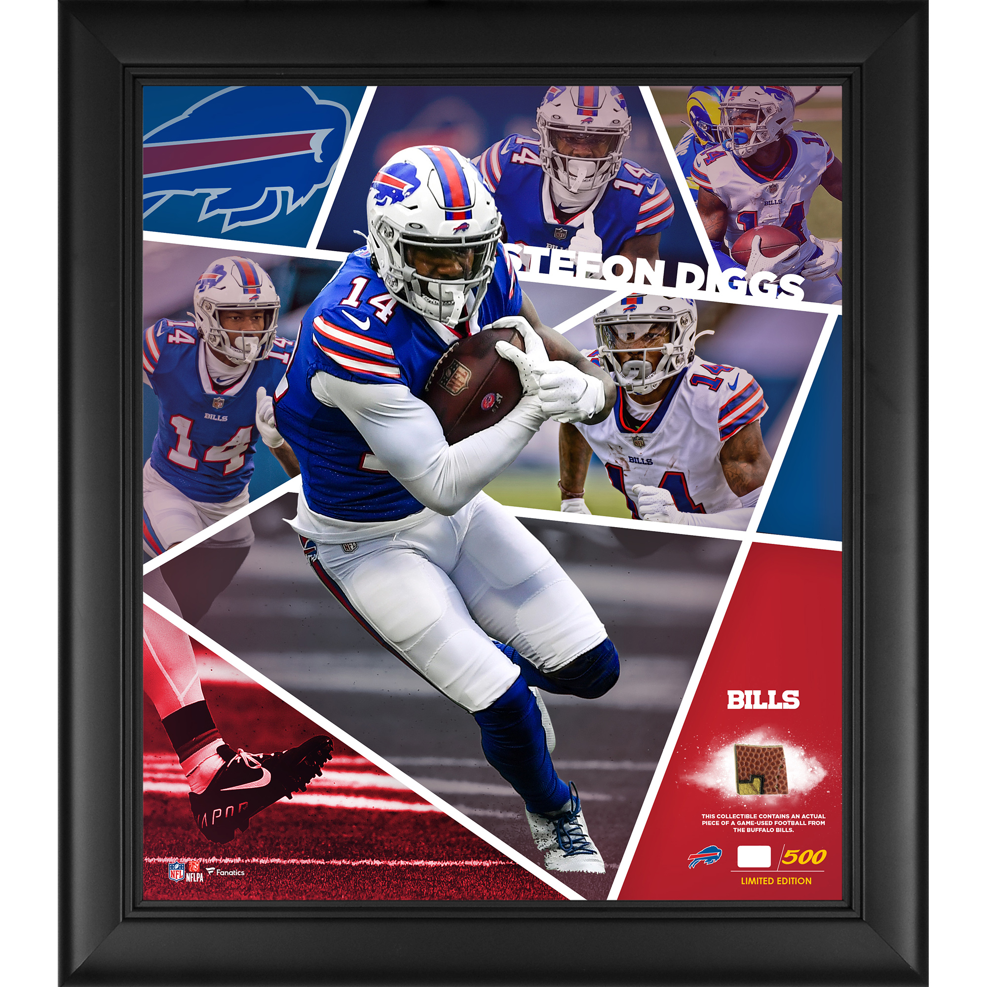 Stefon Diggs Buffalo Bills, gerahmte Collage mit Impact-Spielern, 15 x 17 Zoll, mit einem Stück eines beim Spiel verwendeten Footballs, limitierte Auflage von 500 Stück