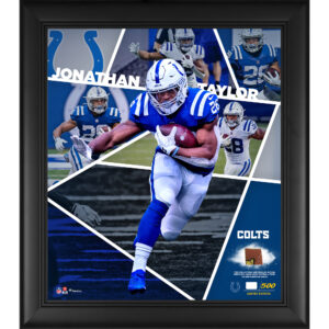 Jonathan Taylor Indianapolis Colts, gerahmte Collage mit Impact-Player-Motiv, 15 x 17 Zoll, mit einem Stück eines beim Spiel verwendeten Footballs, limitierte Auflage von 500 Stück