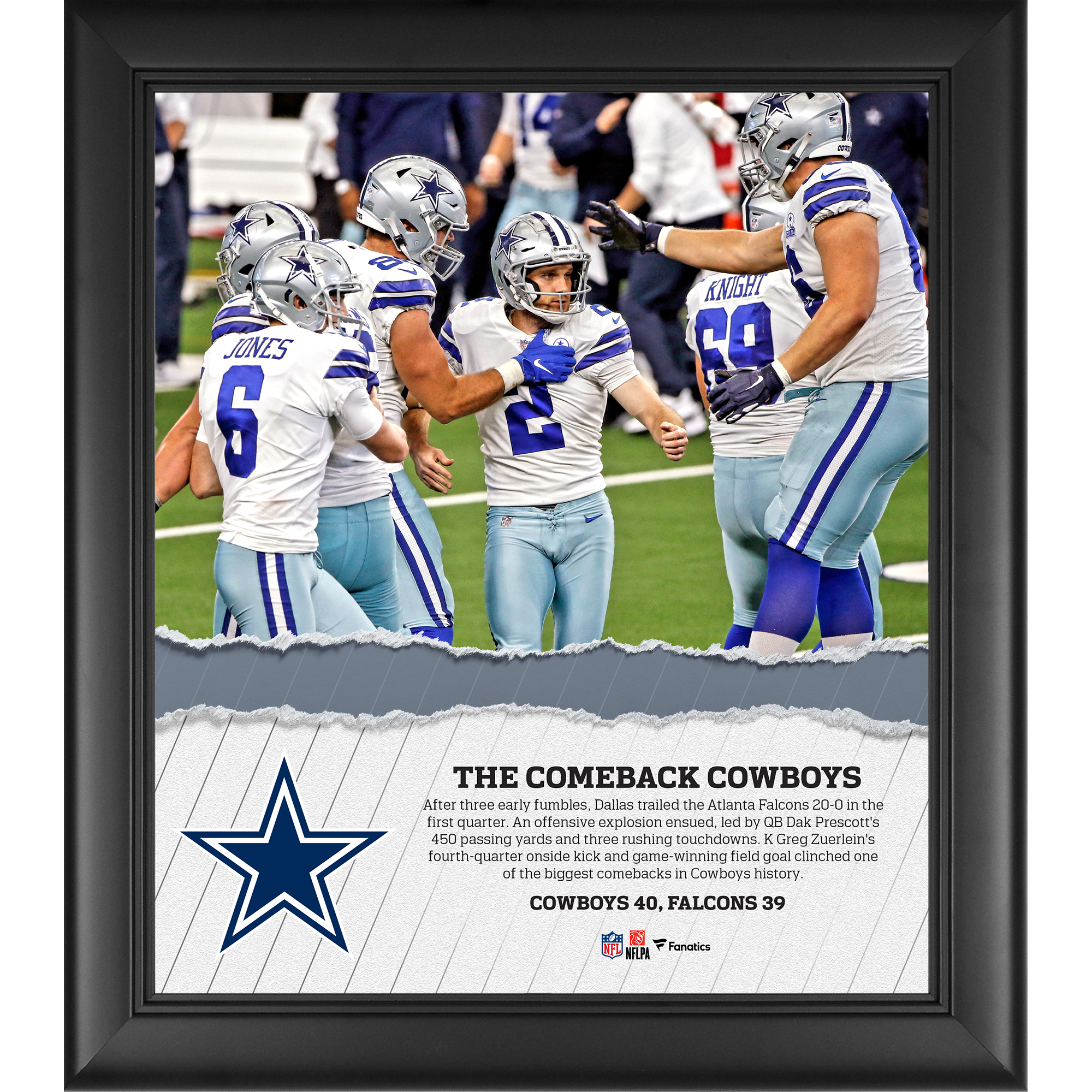 Dallas Cowboys, gerahmt, 15 x 17 Zoll, Collage „The Comeback Cowboys Victory vs. Atlanta Falcons“