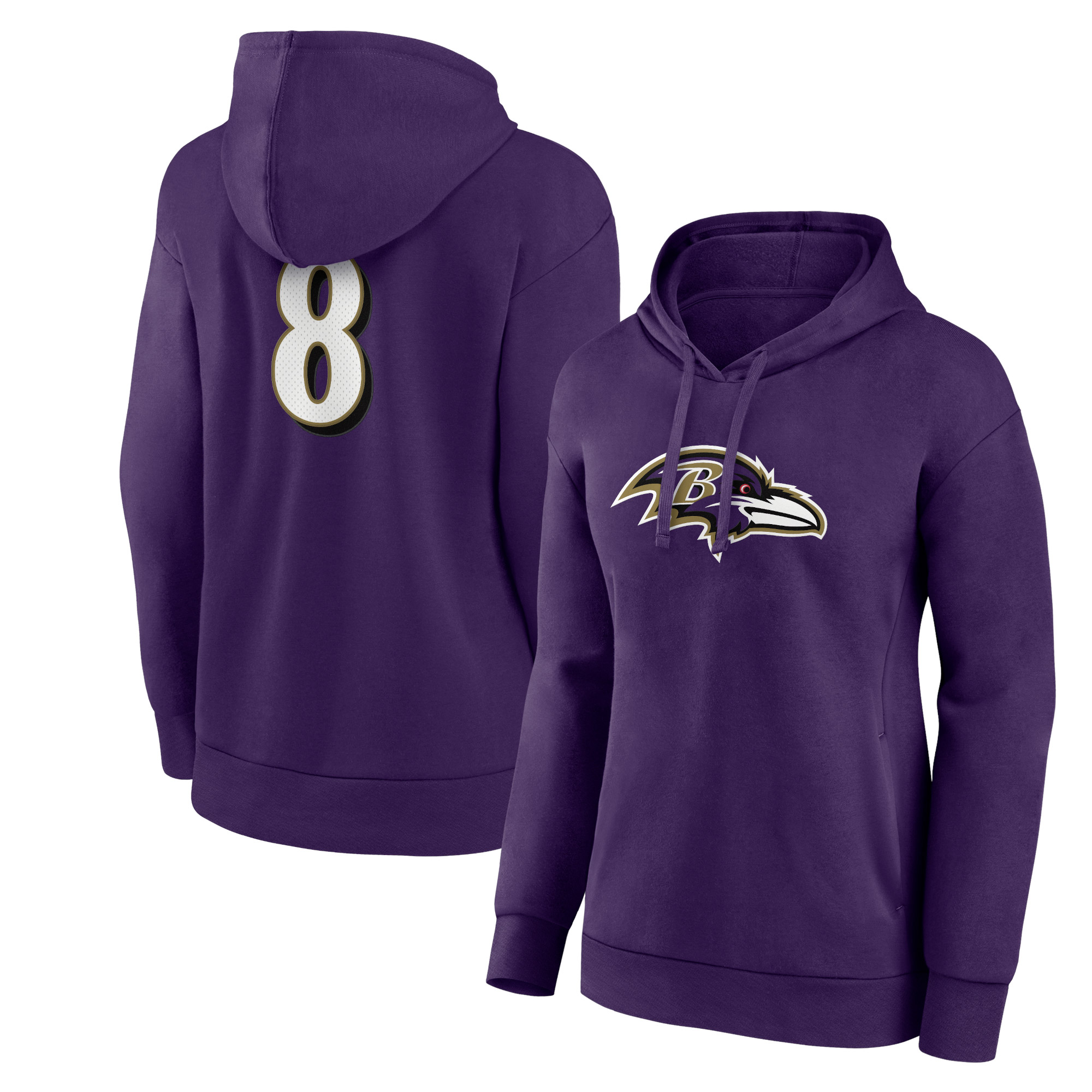 Damen Lamar Jackson Fanatics Lila Baltimore Ravens Spielersymbol Name und Nummer Pullover Hoodie