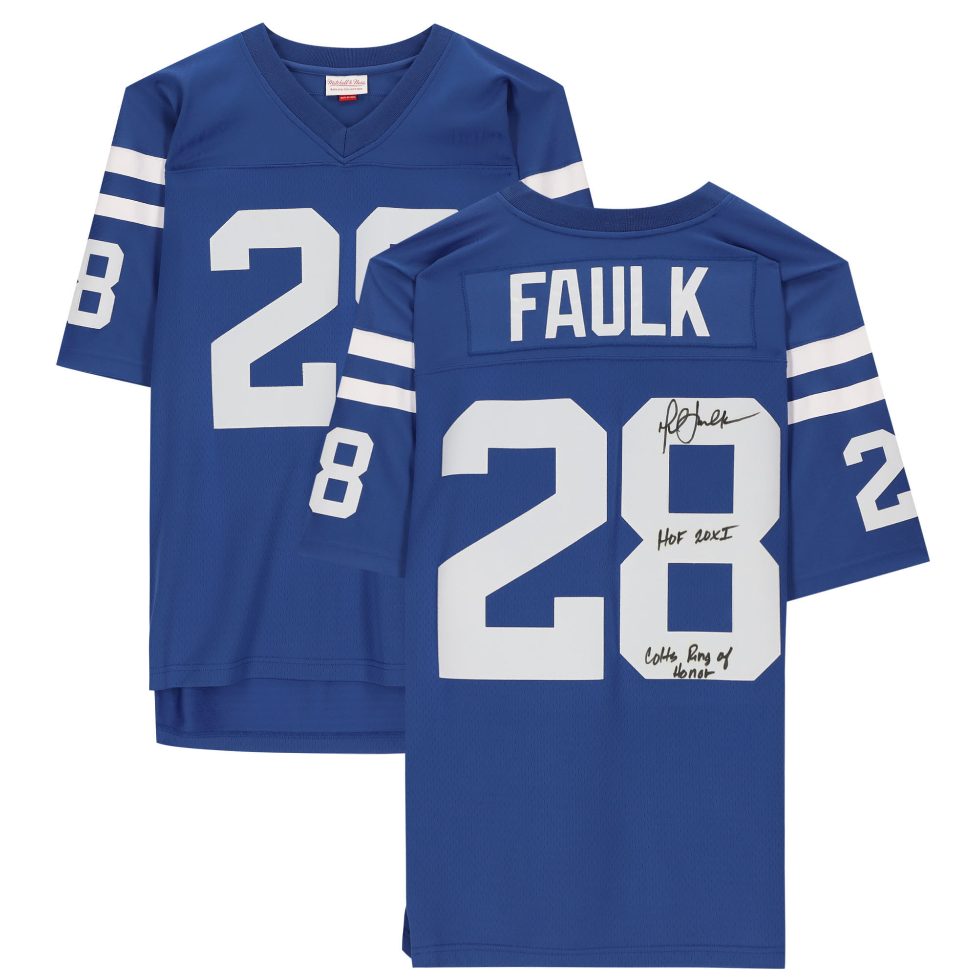 Von Marshall Faulk signiertes blaues Mitchell & Ness-Replikatrikot der Indianapolis Colts mit den Aufschriften „HOF 20XI & Colts Ring Of Honor“