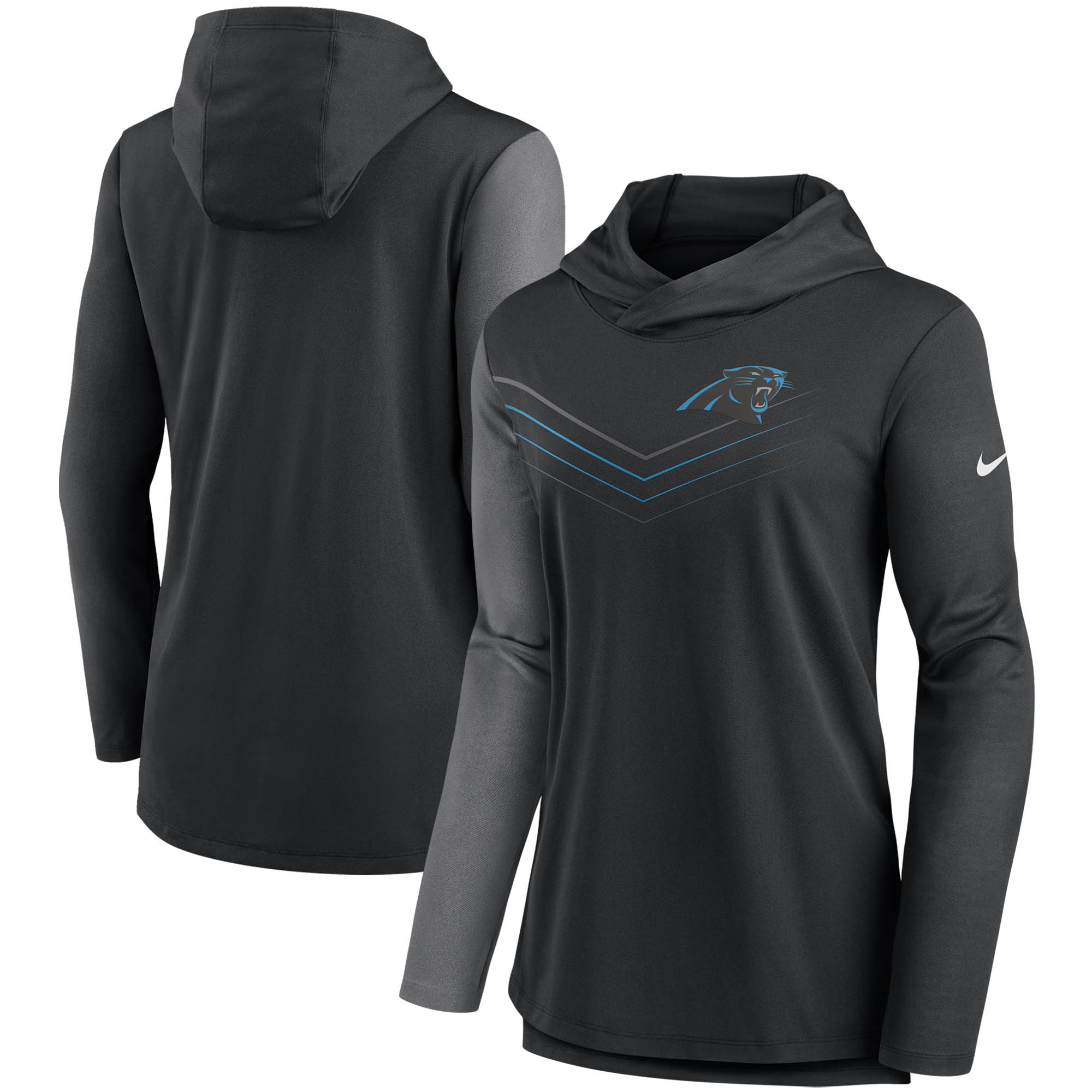 Nike Carolina Panthers Chevron Hoodie Performance-Langarm-T-Shirt für Damen in Schwarz/Heathered Charcoal
