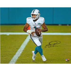 Tua Tagovailoa, signiertes Foto von den Miami Dolphins, 16 x 20 Zoll, weißes Trikot beim Ausrollen