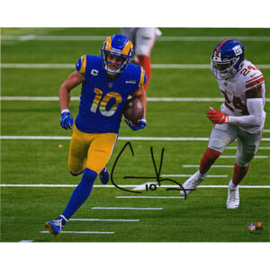 Autogrammfoto von Cooper Kupp, Los Angeles Rams, 20,3 x 25,4 cm, blaues Trikot, Lauffoto gegen die Giants