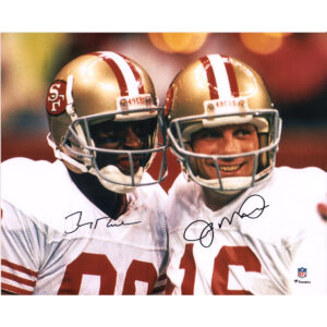 Jerry Rice & Joe Montana San Francisco 49ers, mehrfach signiertes 16 x 20 Zoll großes Nahaufnahmefoto auf weißem Trikot