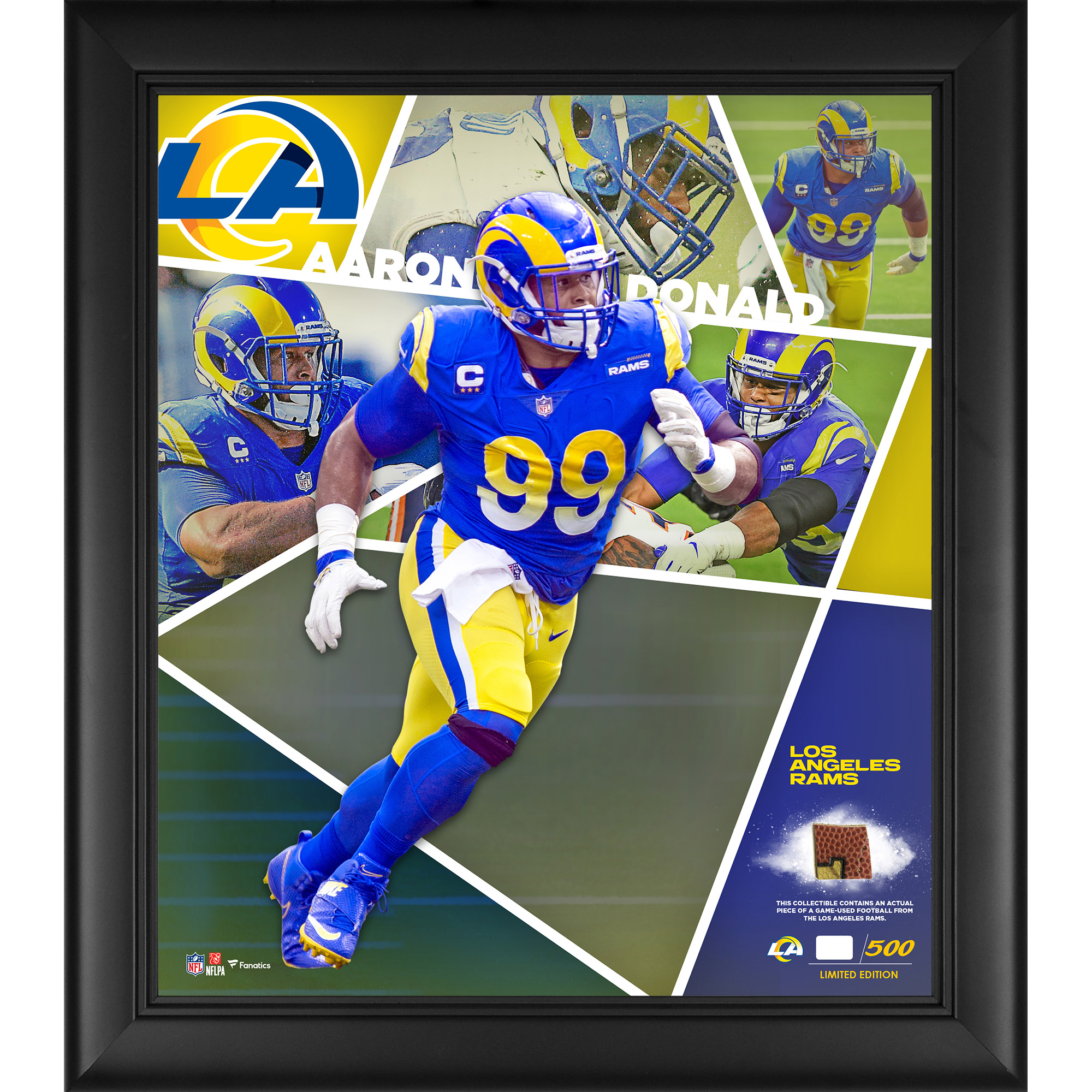 Aaron Donald Los Angeles Rams, gerahmte 15 x 17 Zoll große Impact-Player-Collage mit einem Stück eines beim Spiel verwendeten Footballs – limitierte Auflage von 500 Stück