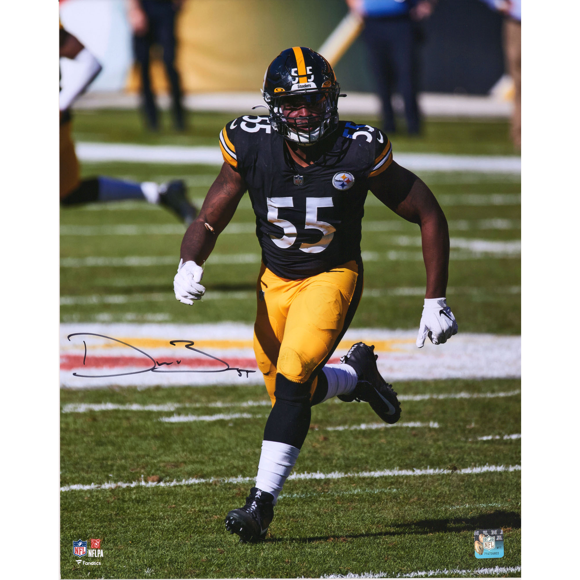 Signiertes Foto von Devin Bush (Pittsburgh Steelers), 40,6 x 50,8 cm, schwarzes Trikot, Hochformat