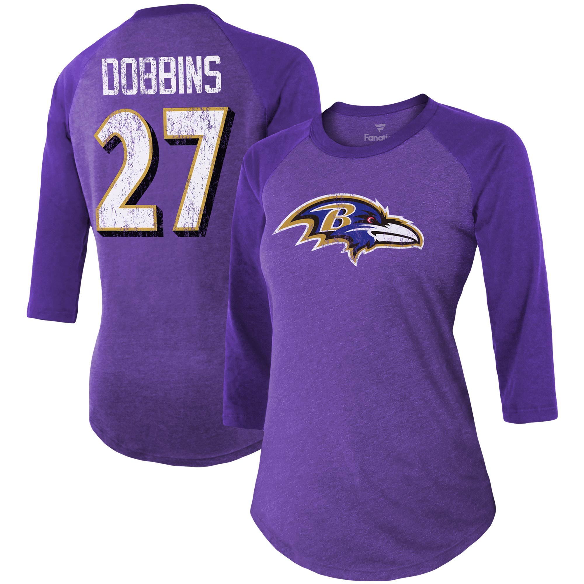 Damen Fanatics J.K. Dobbins Lila Baltimore Ravens Team-Spielername und -nummer Tri-Blend Raglan 3/4-Ärmel T-Shirt