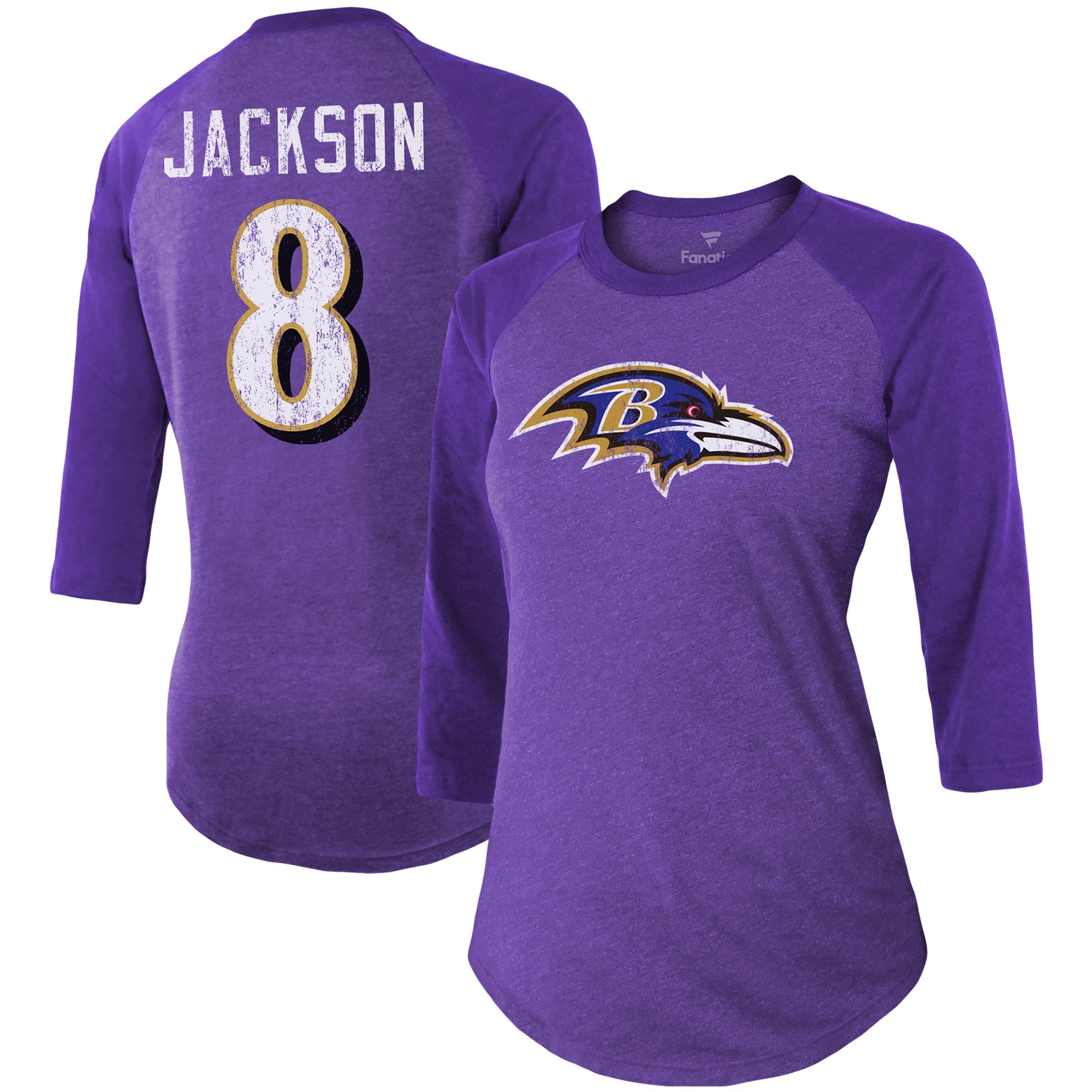 Majestic Threads Lamar Jackson Lila Baltimore Ravens Spielername und -nummer Tri-Blend Tailliertes T-Shirt mit 3/4-Ärmeln für Damen