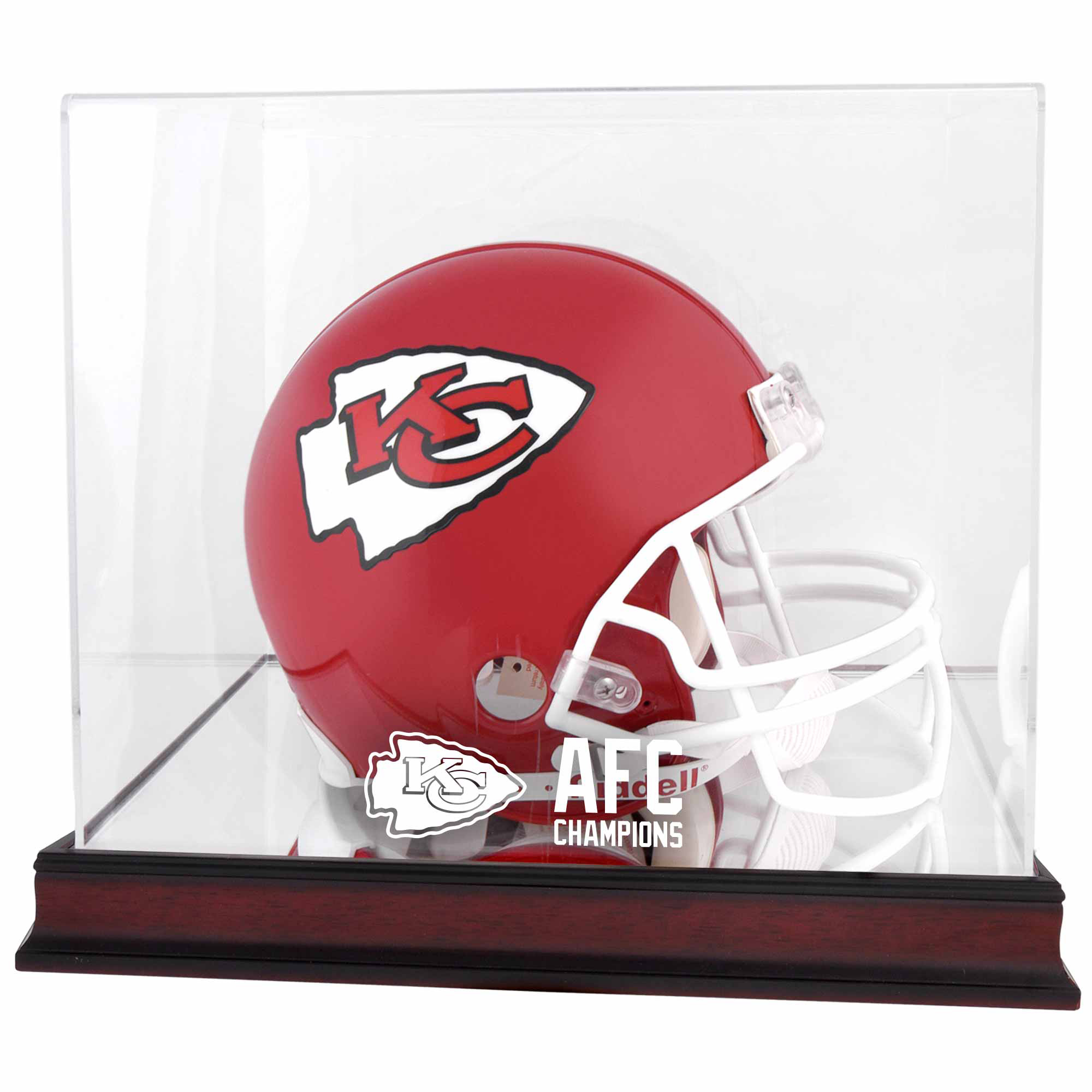 Vitrine für den AFC Champions 2020-Helm der Kansas City Chiefs aus Mahagoni mit Logo