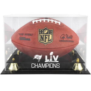 Goldene Vitrine mit dem Logo des Tampa Bay Buccaneers-Super-Bowl-LV-Champions im klassischen Football