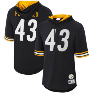 Mitchell & Ness Troy Polamalu Kapuzenpullover für Herren, schwarz, Pittsburgh Steelers, ehemaliger Spieler, Netzstoff, Name und Nummer