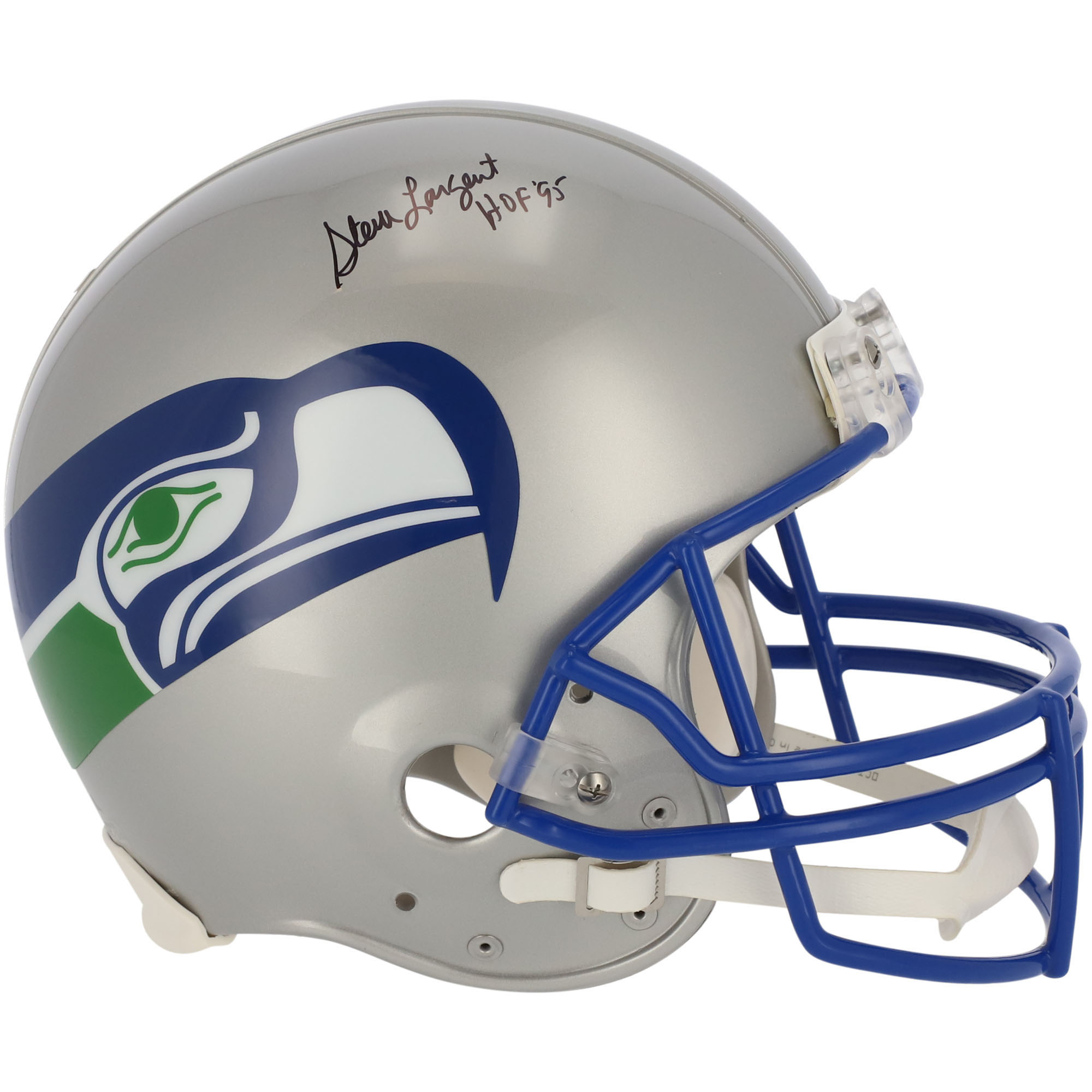 Von Steve Largent signierter Riddell Throwback VSR4-Helm der Seattle Seahawks mit der Aufschrift „HOF 95“