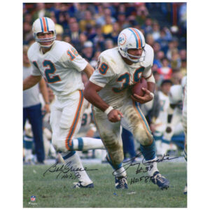 Signiertes 16 x 20 Zoll großes Hand-Off-Foto von Bob Griese und Larry Csonka von den Miami Dolphins mit Hall of Fame-Inschriften