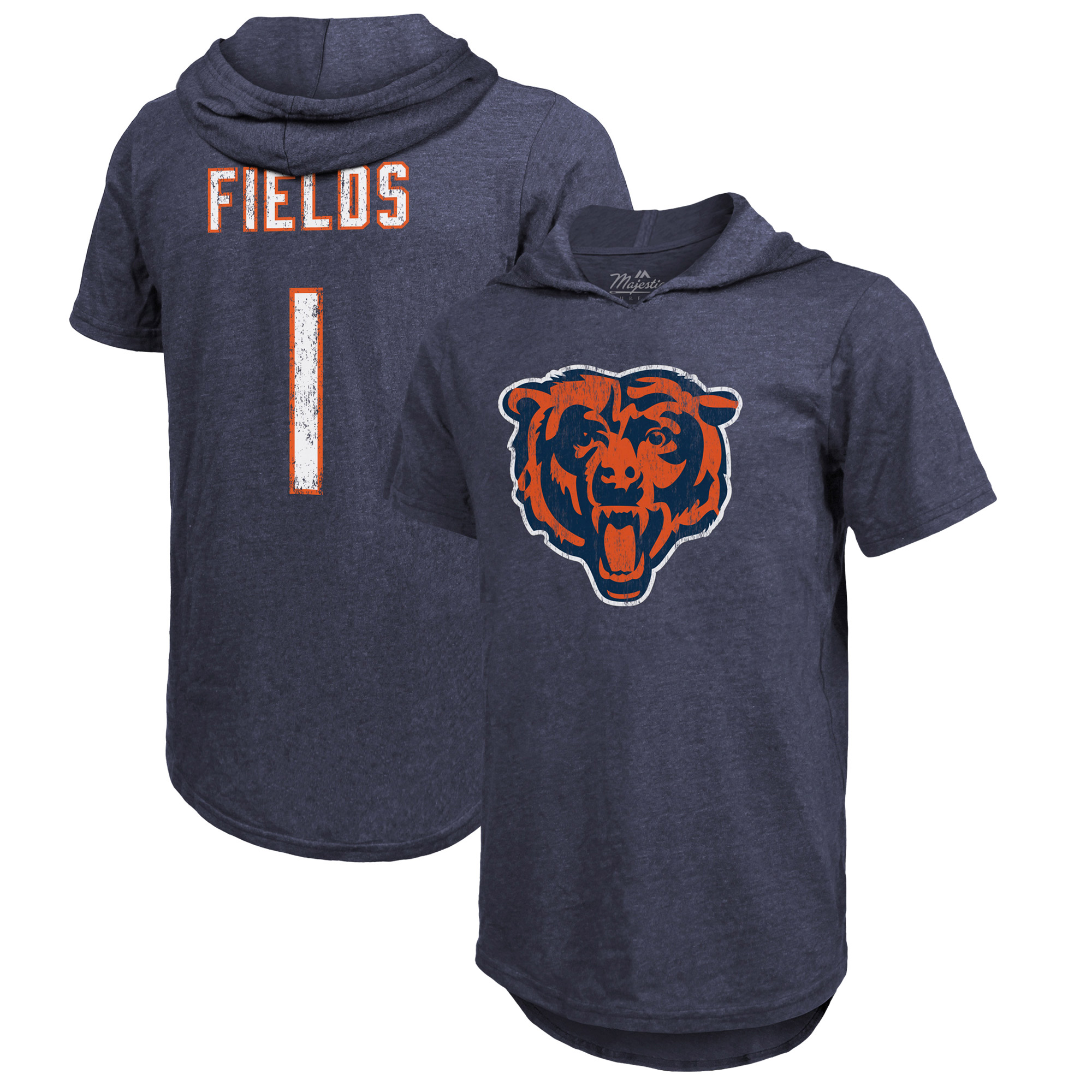 Majestic Threads Justin Fields Marineblaues Chicago Bears-Spielername & -nummer Tri-Blend Slim Fit Hoodie-T-Shirt für Herren