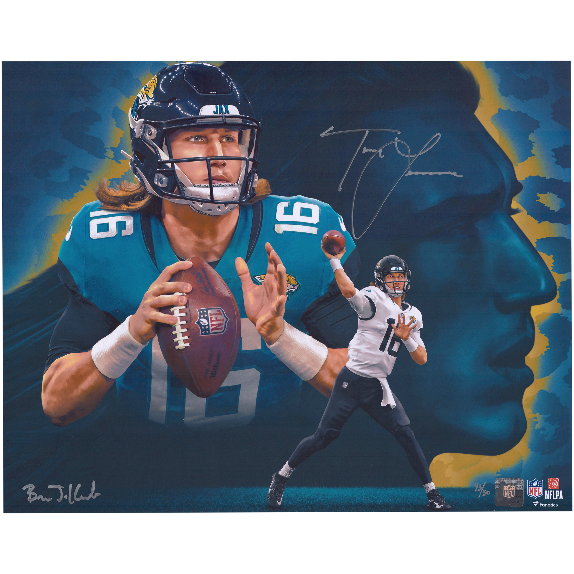 Autogrammfotodruck der Jacksonville Jaguars von Trevor Lawrence, 40,6 x 50,8 cm – erstellt und signiert vom Künstler Brian Konnick – limitierte Auflage von 50 Stück