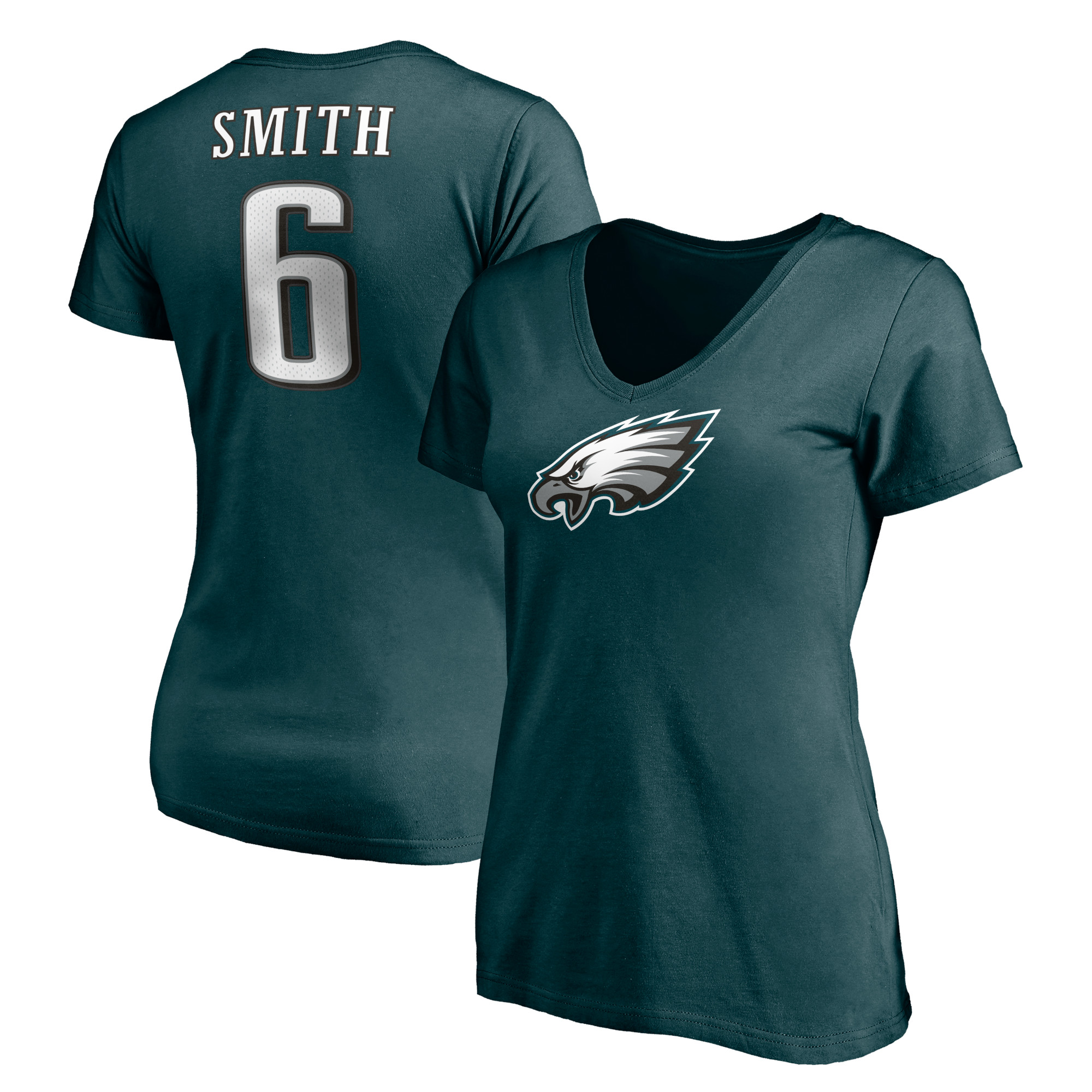 Damen-T-Shirt mit V-Ausschnitt der Philadelphia Eagles DeVonta Smith Fanatics mit Spielersymbol, Namen und Nummer in Dunkelgrün