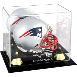 Goldener klassischer Mini-Helm der New England Patriots, Super Bowl XXXVI-Champions, Vitrine