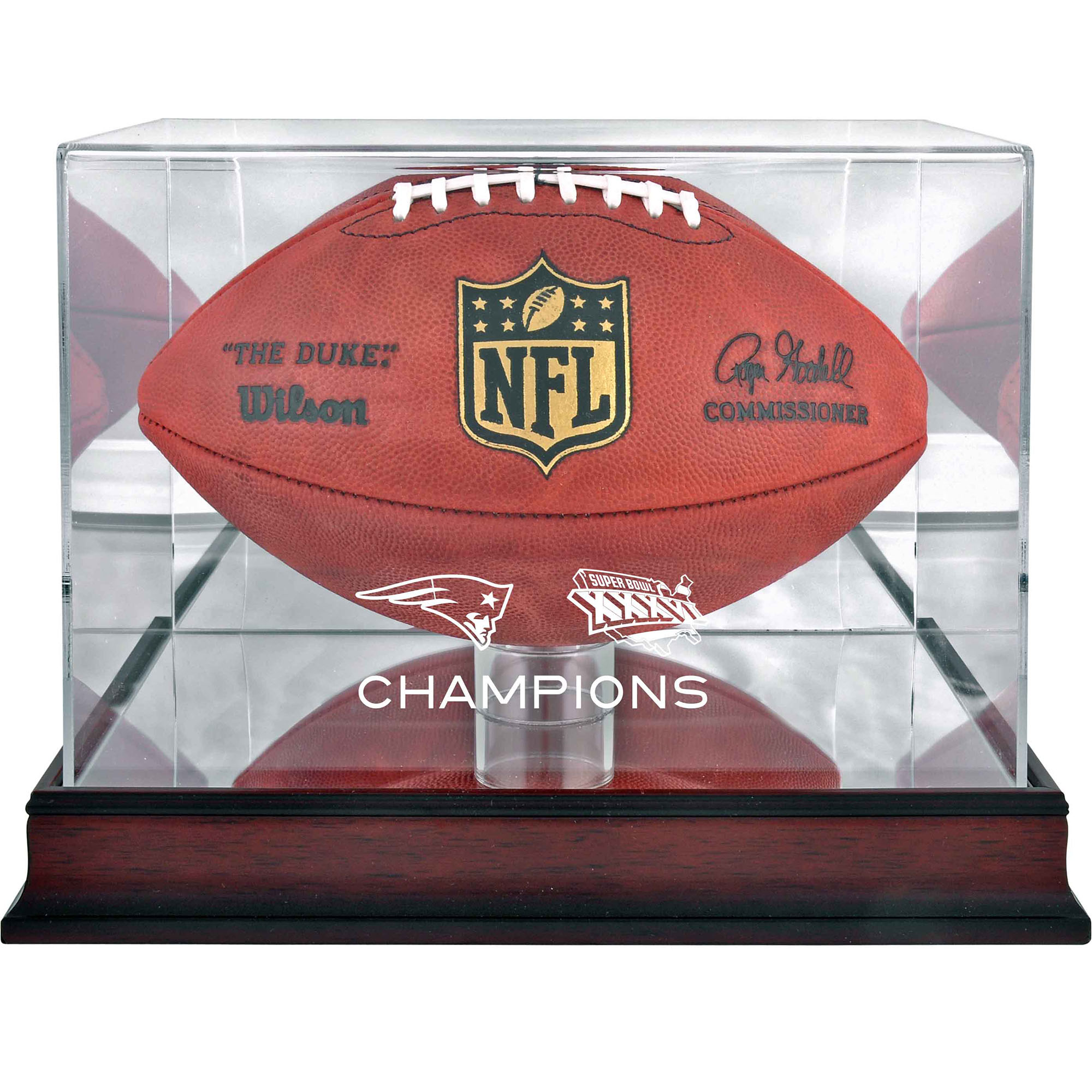 Vitrine mit Football-Logo der New England Patriots, Super Bowl XXXVI Champions, Mahagoni