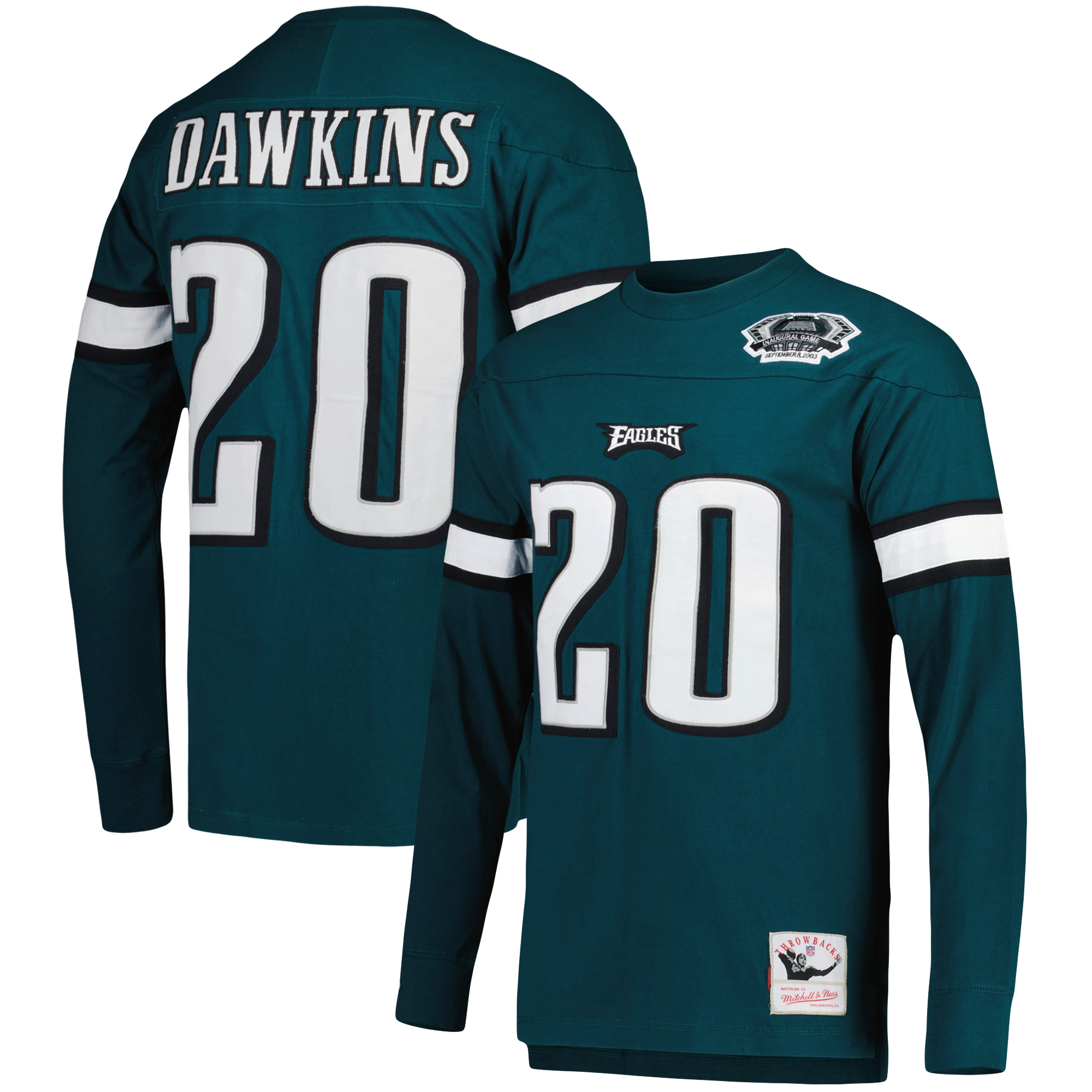 Brian Dawkins Philadelphia Eagles Mitchell & Ness Langarmshirt mit Name und Nummer des pensionierten Spielers – Dunkelgrün