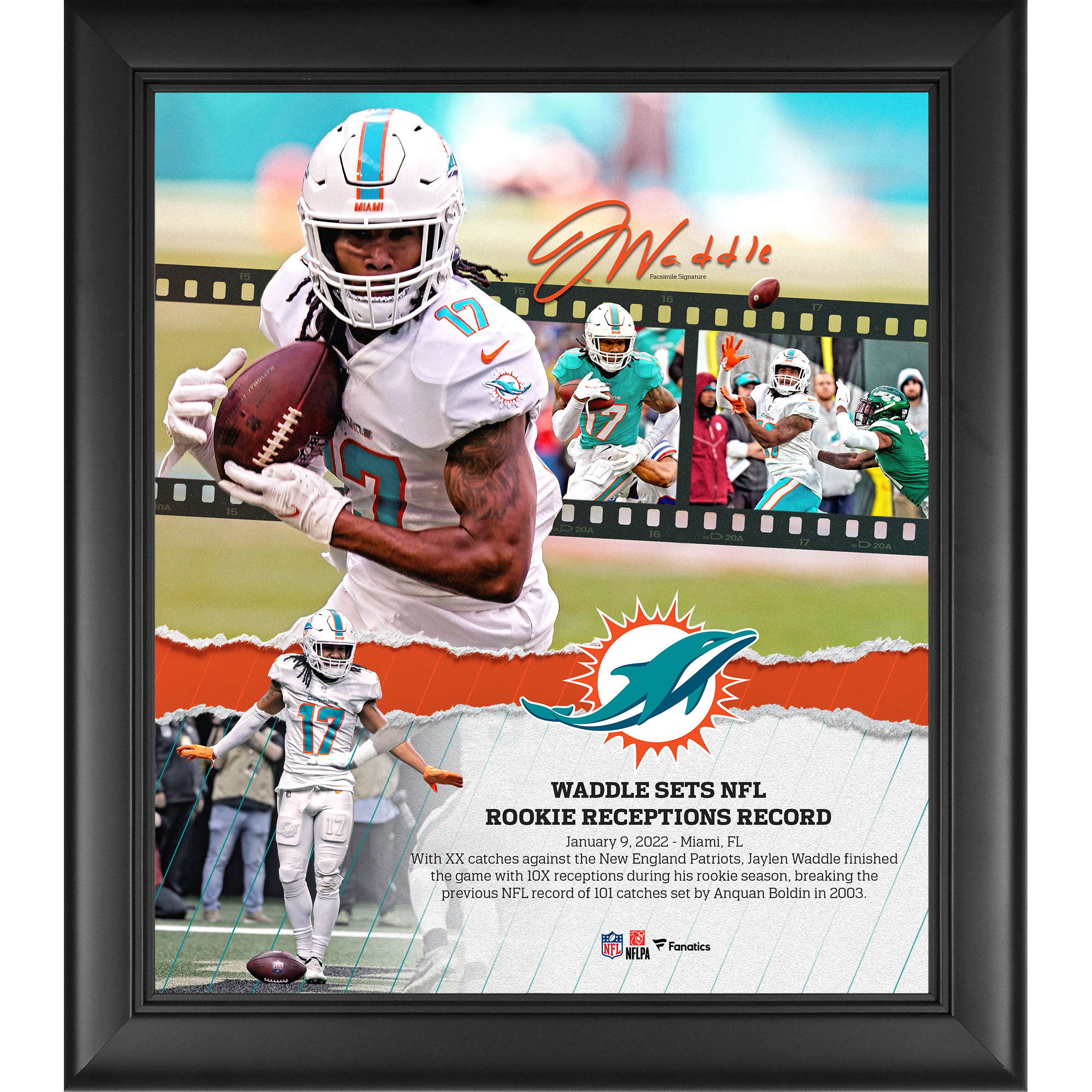 Jaylen Waddle Miami Dolphins Gerahmte Collage mit NFL Rookie-Empfangsrekorden, 38,1 x 43,2 cm