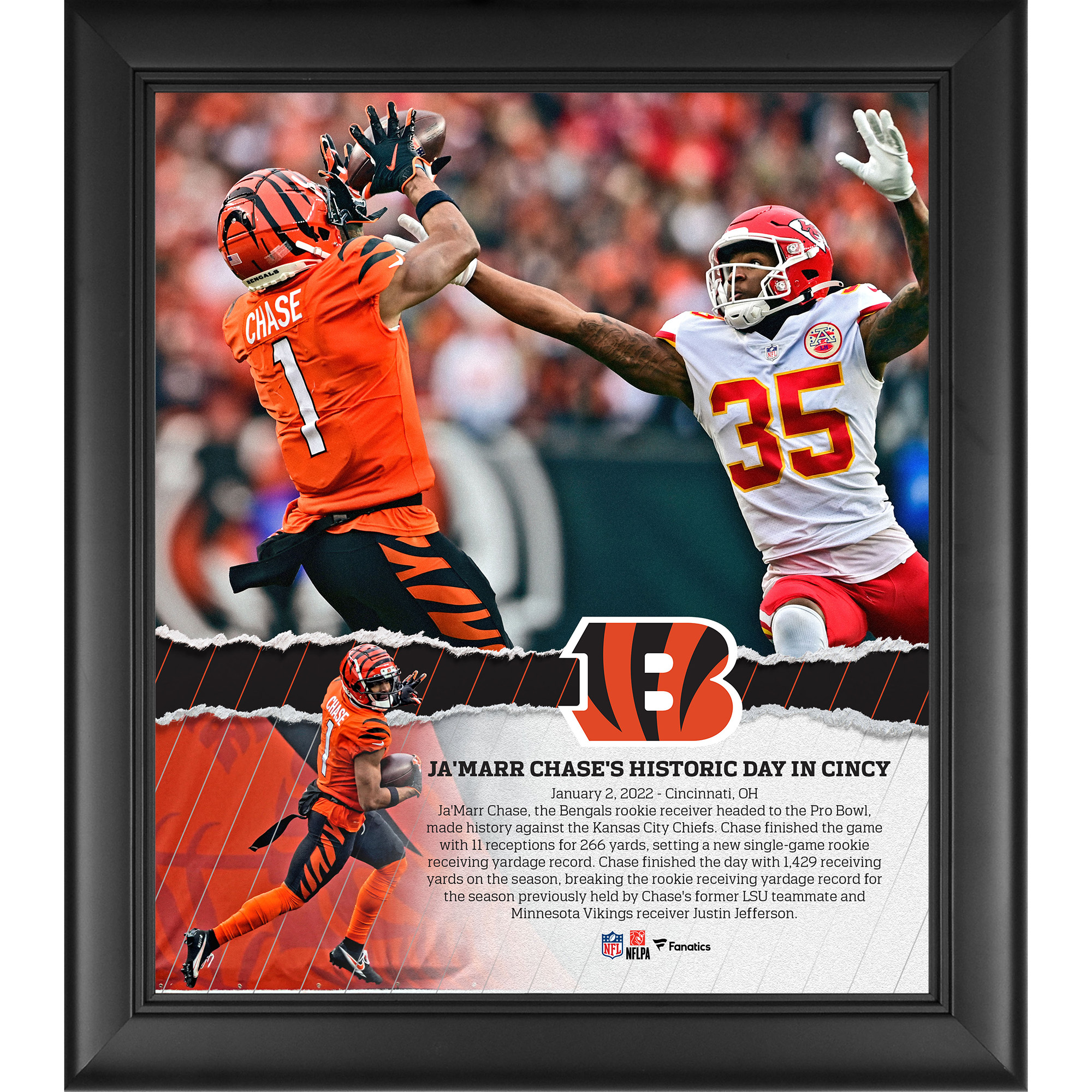 Ja’Marr Chase Cincinnati Bengals, gerahmt, 15 x 17 Zoll, NFL-Collage mit Rookie-Receiver-Rekord, Einzelspiel