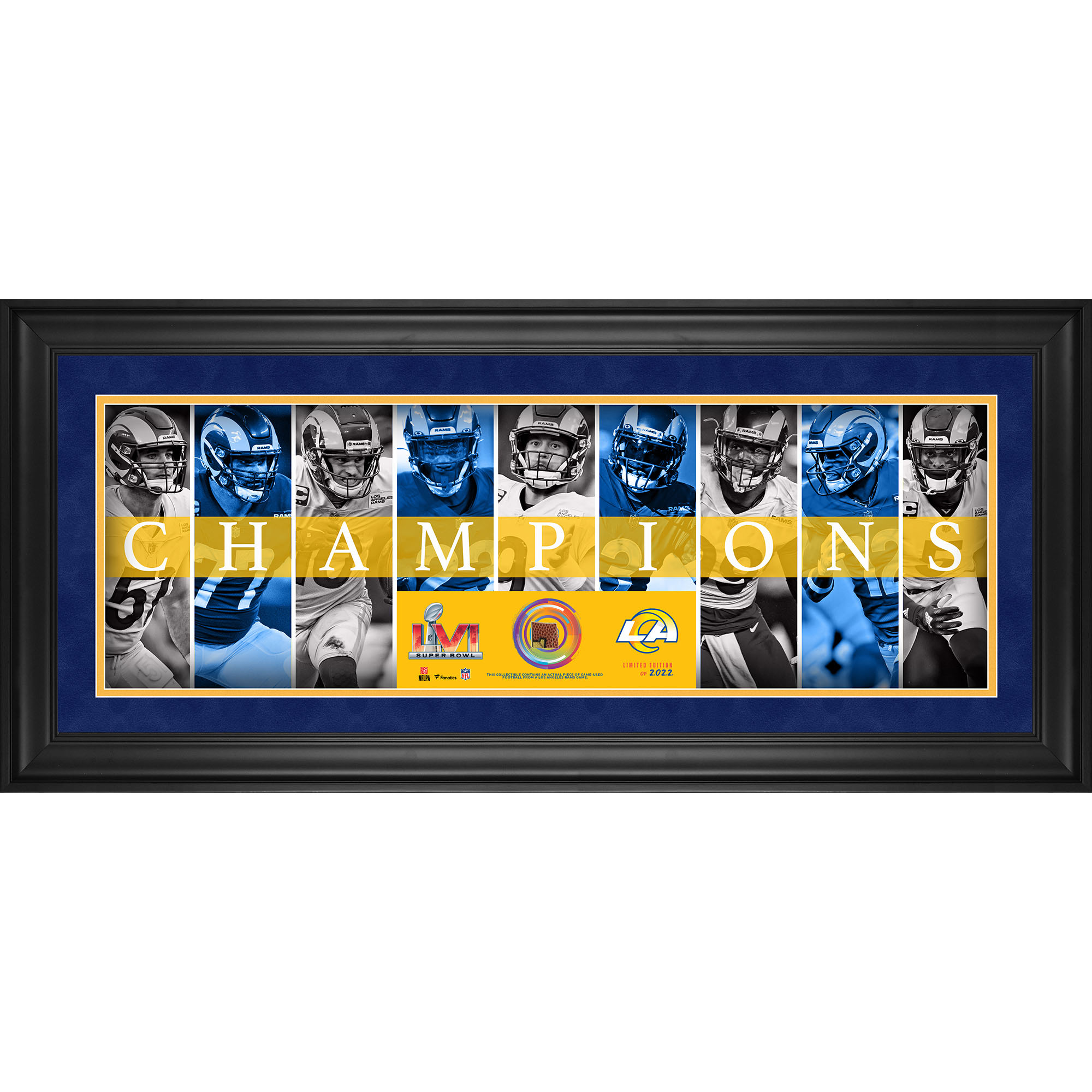 Los Angeles Rams Super Bowl LVI Champions, gerahmt, 10 x 30 Zoll, Panoramabild mit einem Stück eines beim Spiel verwendeten Footballs