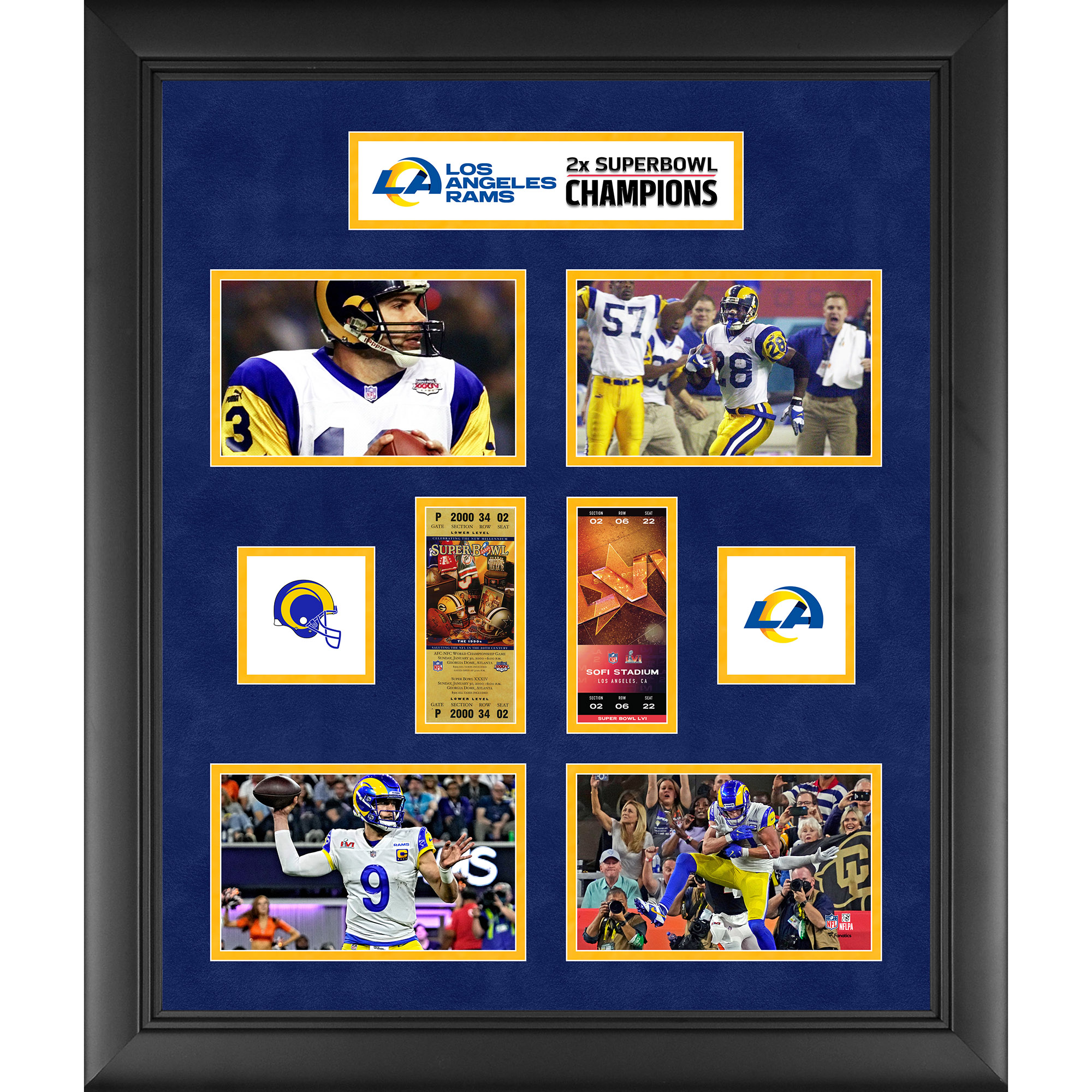 Los Angeles Rams, 2-facher Super Bowl-Sieger, 20 x 24 Zoll, historisches Ticket, gerahmte Collage