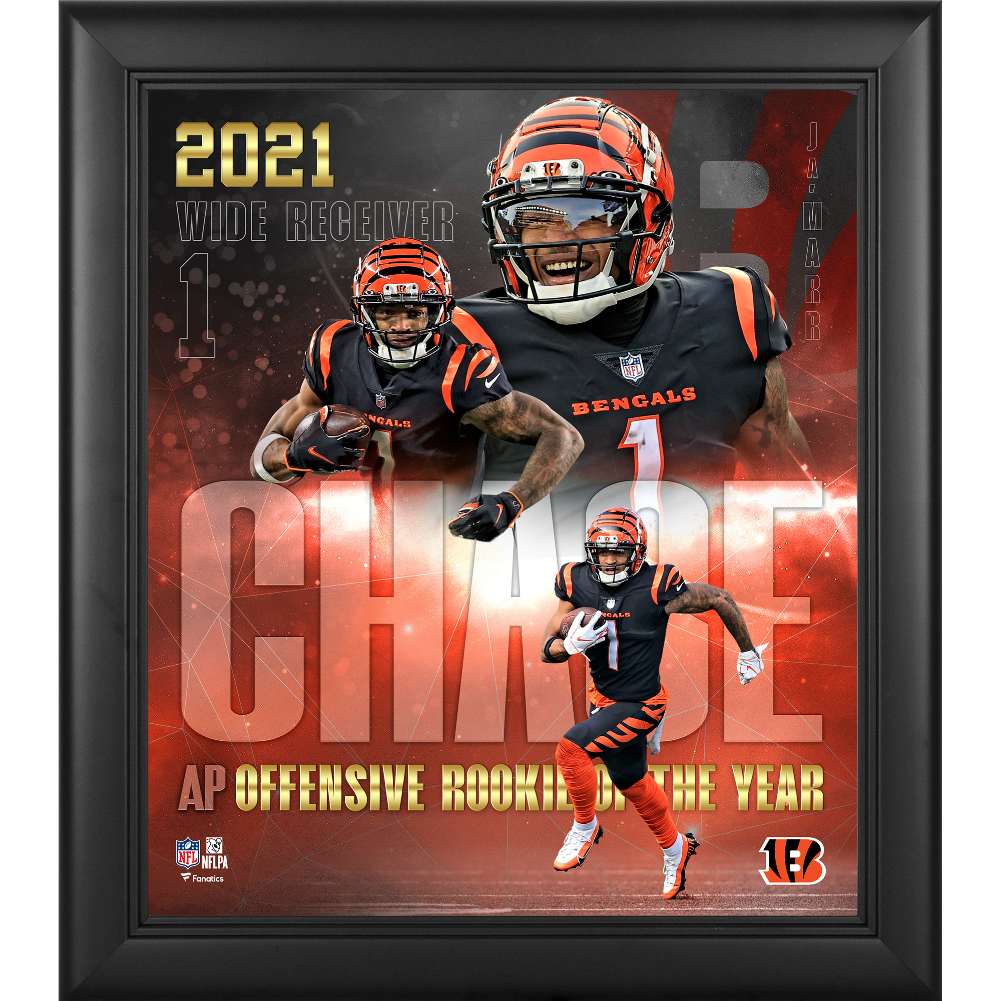 Fanatics Authentic Ja’Marr Chase Cincinnati Bengals 2021 NFL Offensive Rookie des Jahres, gerahmtes Collage-Foto, 15 x 17 Zoll