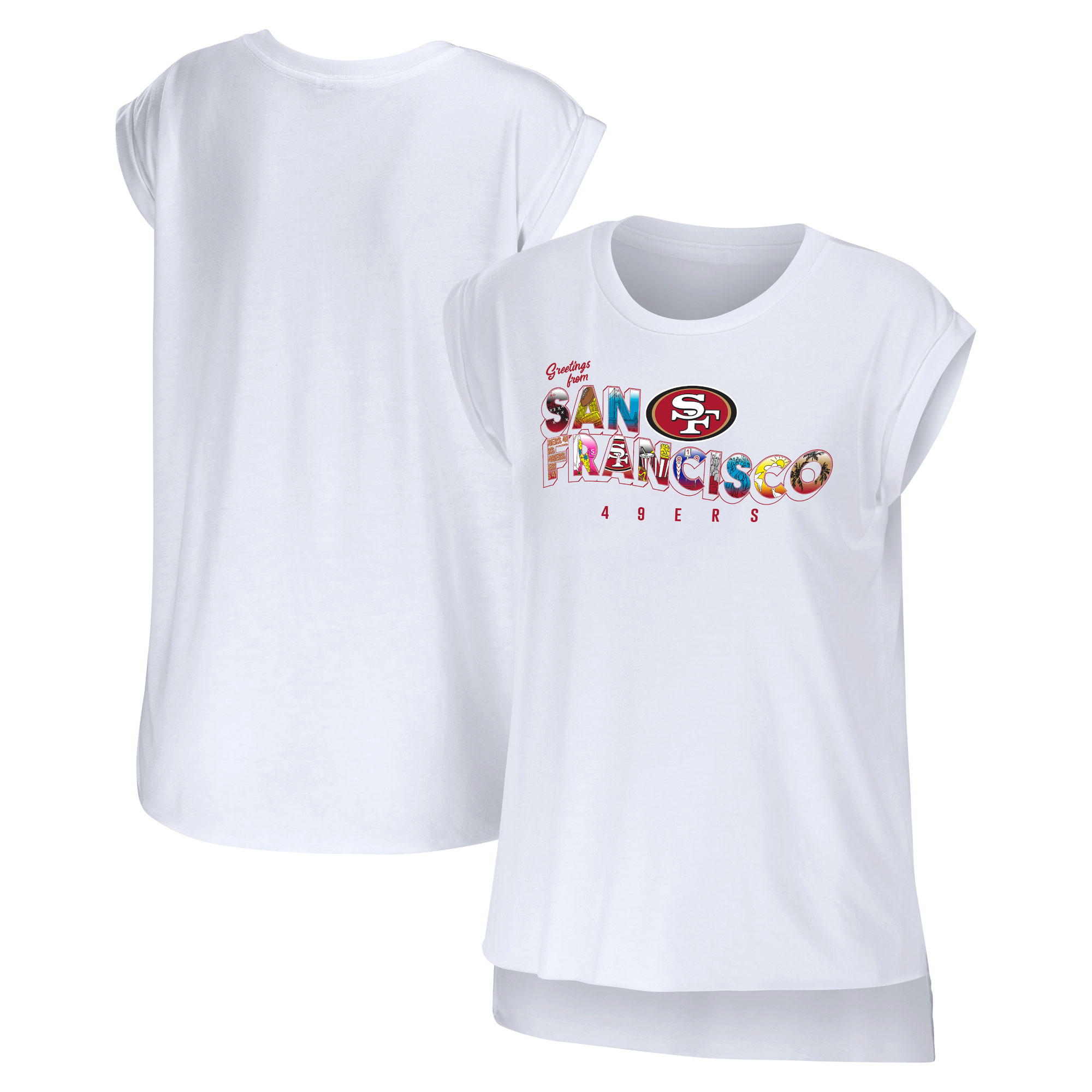 Damenmode von Erin Andrews Weiße San Francisco 49ers Greetings From Muscle T-Shirt