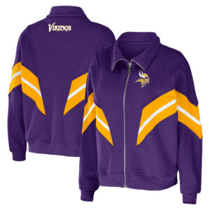 Damenbekleidung von Erin Andrews Lila Minnesota Vikings Yarn Dye Stripe Full-Zip Jacke in Übergröße