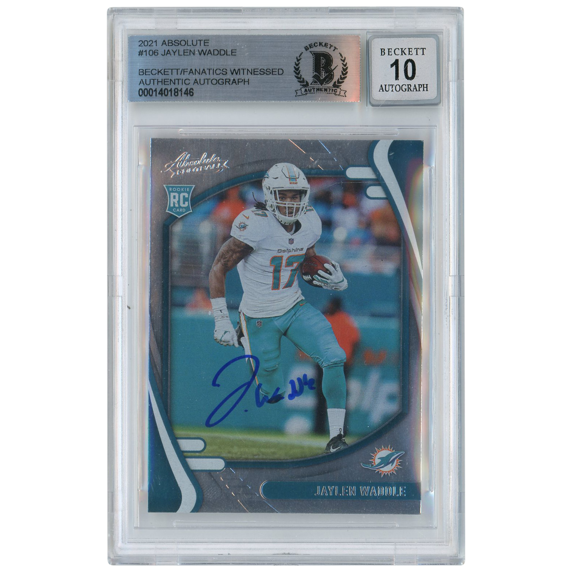 Jaylen Waddle Miami Dolphins signiert 2021 Panini Absolute #106 Beckett Fanatics bezeugt authentifiziert 10 Rookie-Karte