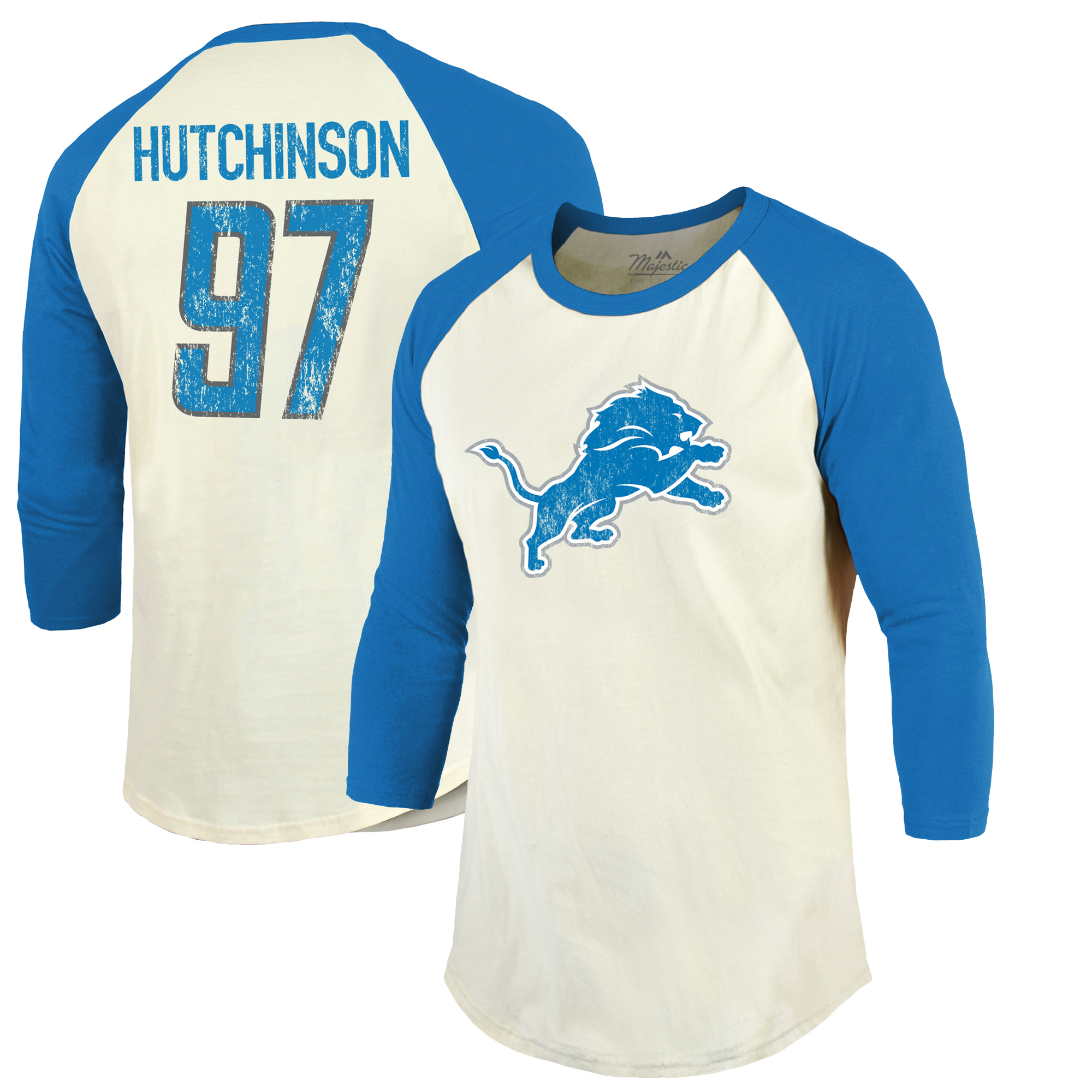 Herren Majestic Threads Aidan Hutchinson Creme/Blau Detroit Lions Vintage Spielername und Nummer 3/4-Ärmel tailliertes T-Shirt