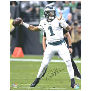 Autogrammfoto von Jalen Hurts von den Philadelphia Eagles, 16 x 20 Zoll, weißes Trikot, Wurffoto