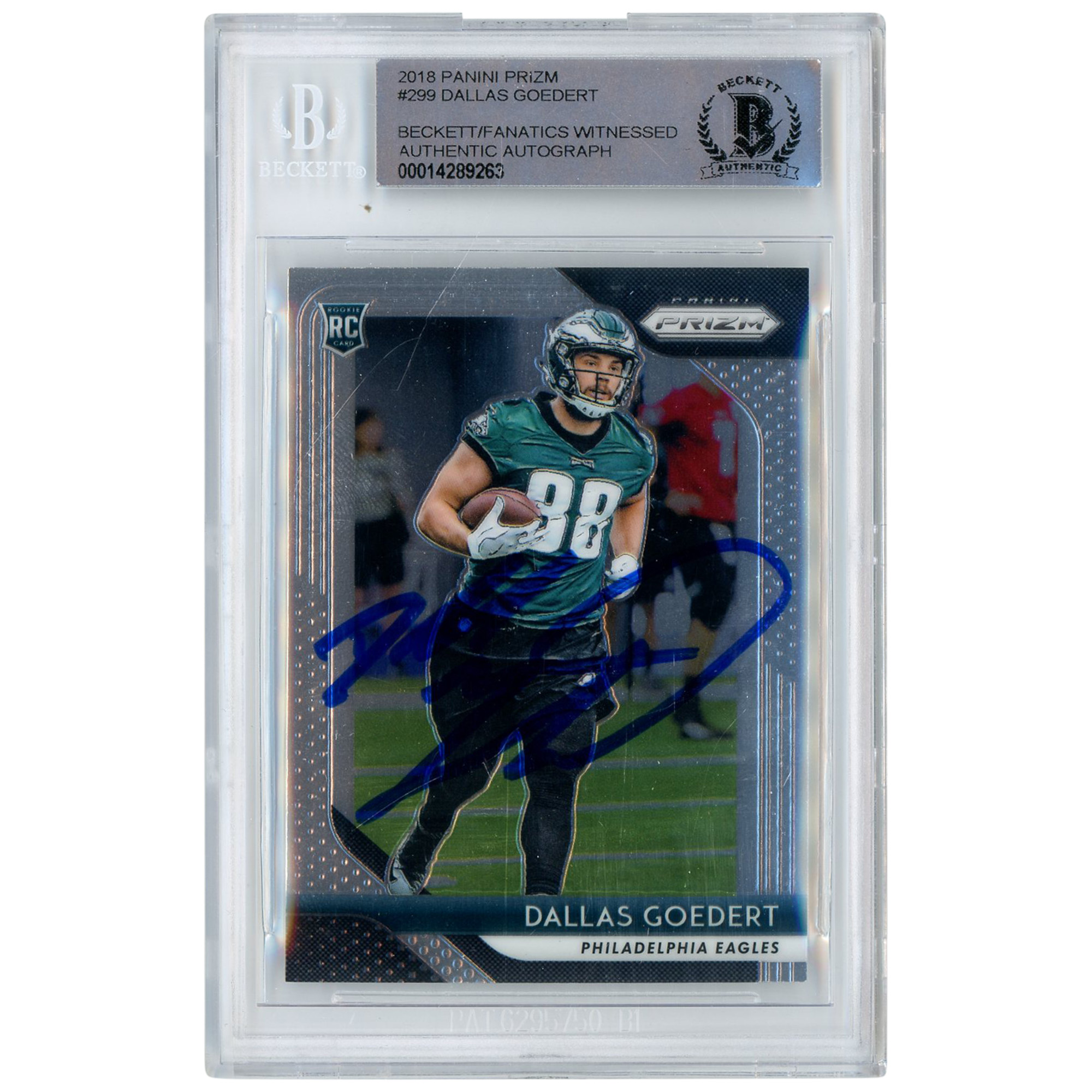 Dallas Goedert Philadelphia Eagles signierte 2018 Panini Prizm #299 Beckett Fanatics bezeugte authentifizierte Rookie-Karte