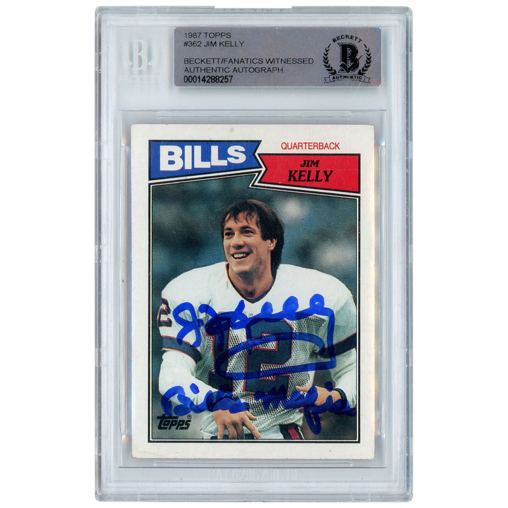 Jim Kelly, Buffalo Bills, signierte 1987 Topps #362, Beckett Fanatics, bezeugte authentifizierte Rookie-Karte mit „BILLS MAFIA“-Aufschrift