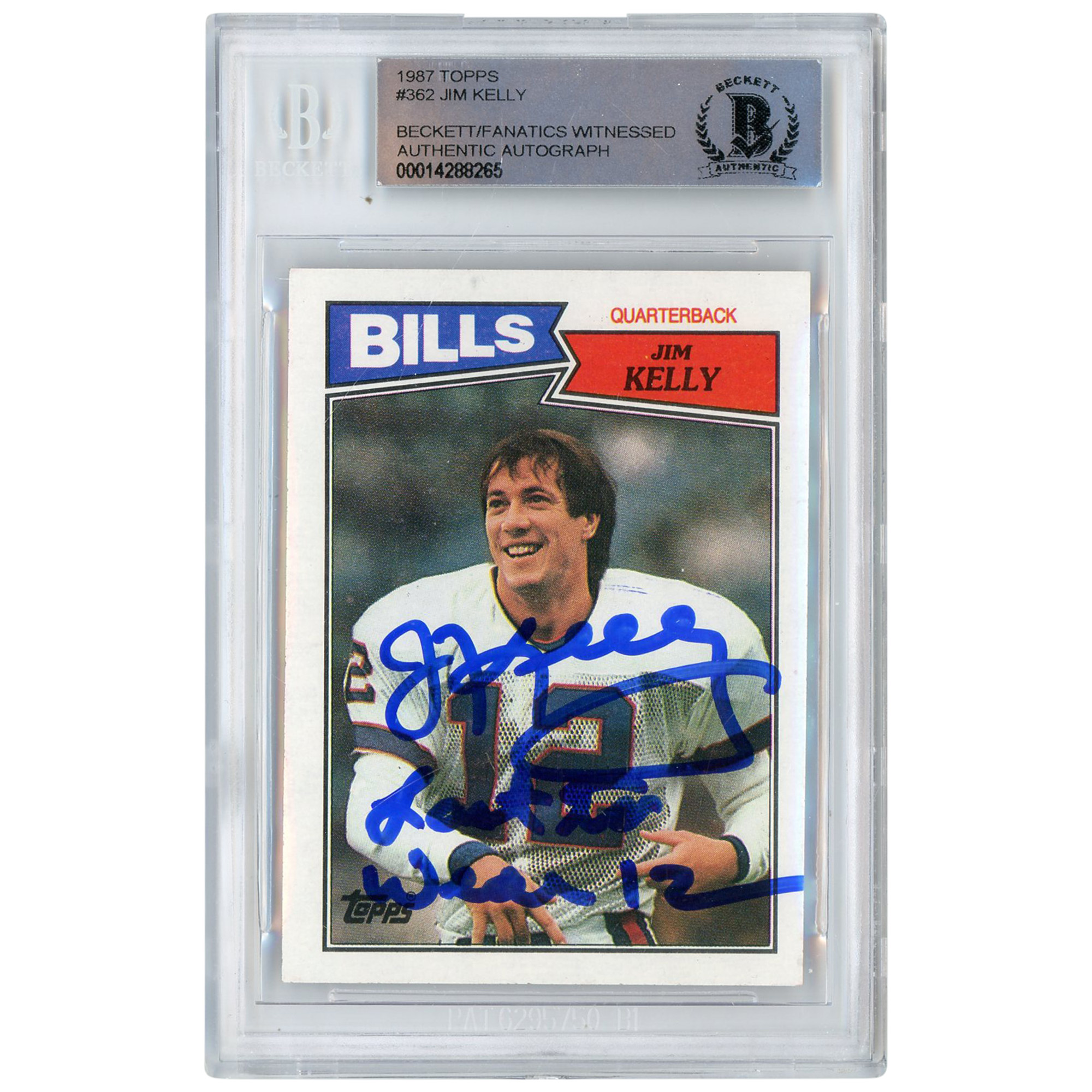 Jim Kelly, Buffalo Bills, signierte 1987 Topps #362 Beckett Fanatics, bezeugte authentifizierte Rookie-Karte mit der Aufschrift „LAST TO WEAR 12“