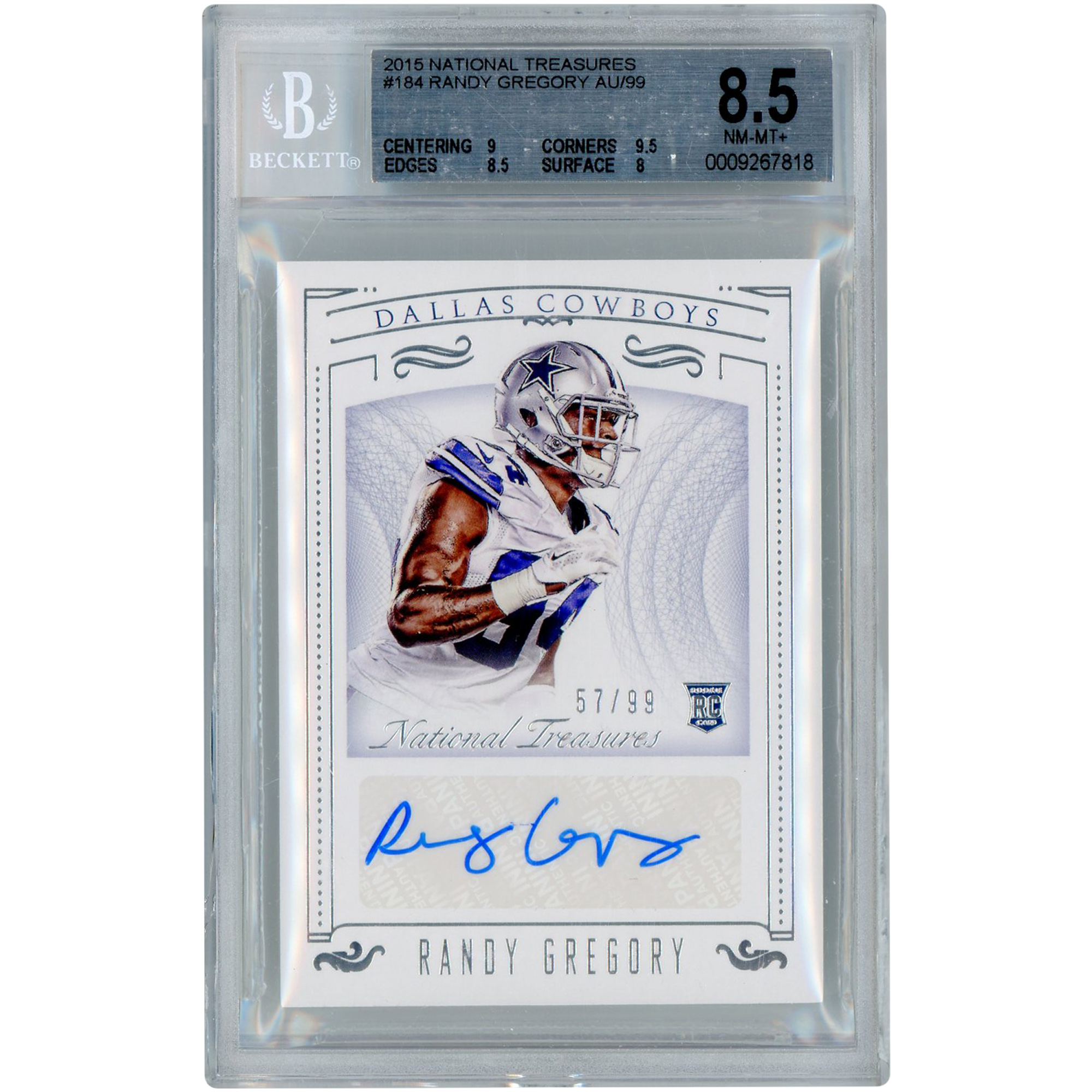 Randy Gregory Dallas Cowboys signierte 2015 Panini National Treasures #184 #57/99 BGS authentifizierte 8,5 Rookie-Karte