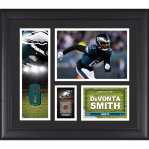 Gerahmte Spielercollage der Philadelphia Eagles von DeVonta Smith, 15 x 17 Zoll, mit einem Stück eines beim Spiel verwendeten Balls