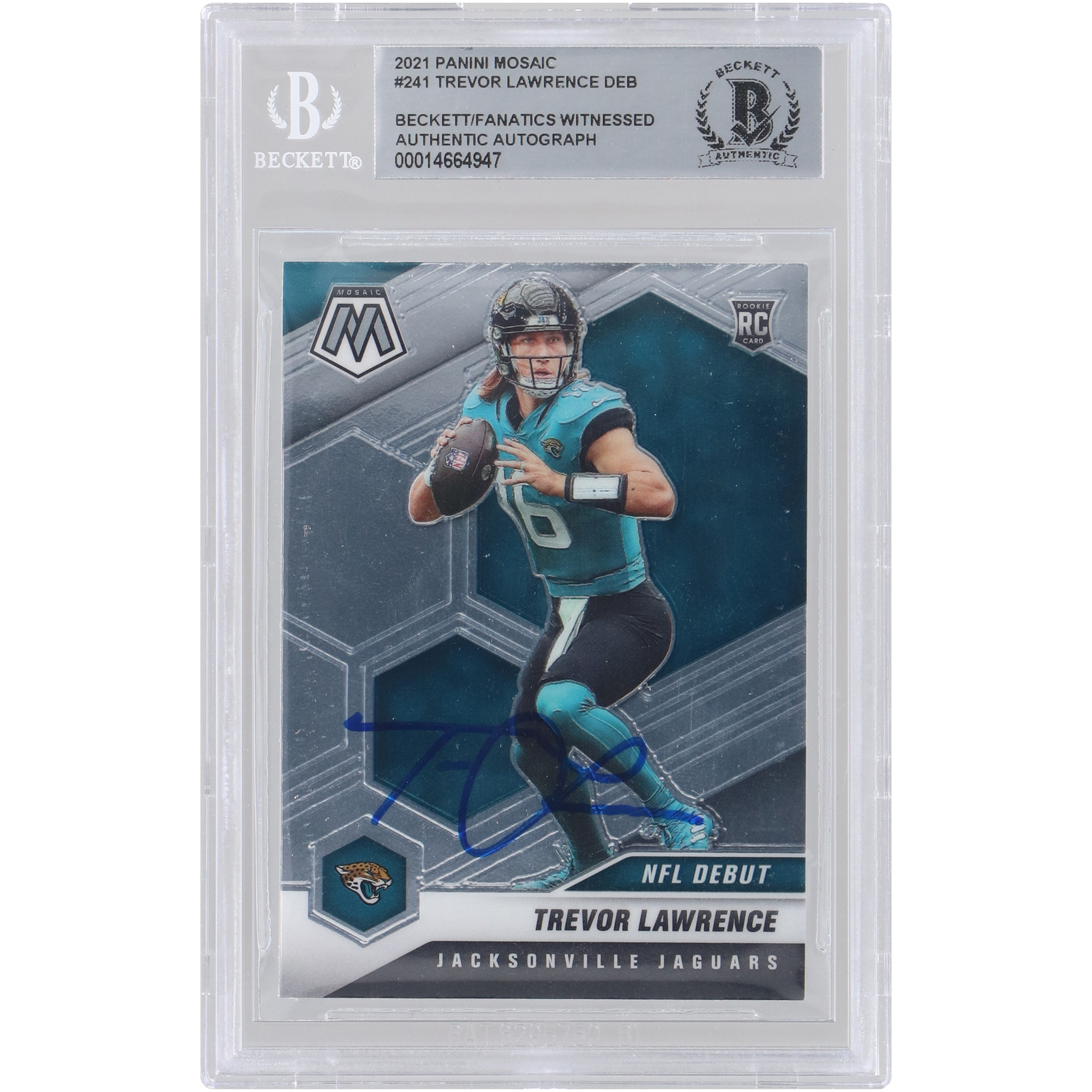 Trevor Lawrence Jacksonville Jaguars signierte 2021 Panini Mosaic NFL Debüt #241 Beckett Fanatics bezeugte authentifizierte Rookie-Karte